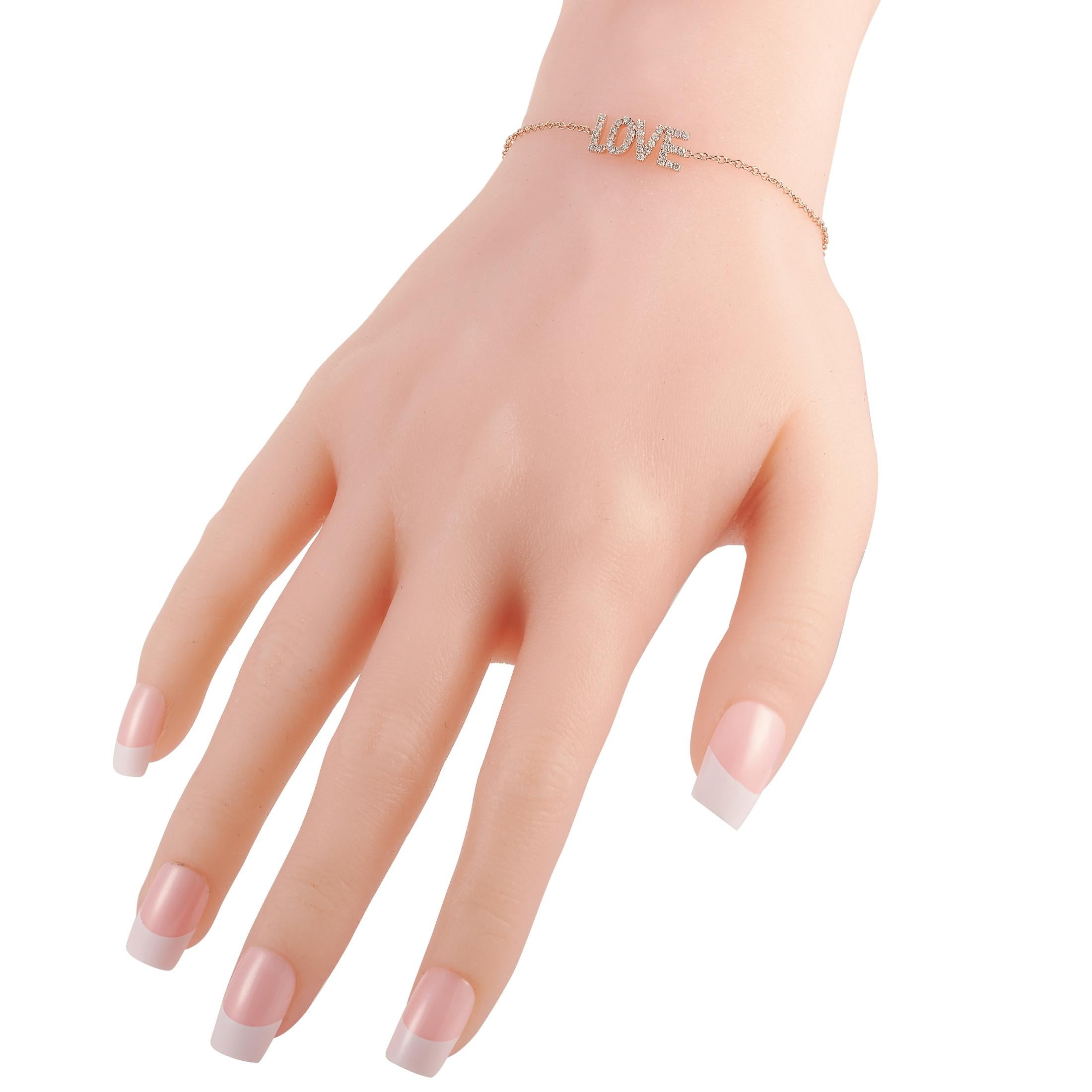This LB Exclusive love bracelet is made of 14K rose gold and embellished with diamonds that amount to 0.30 carats. The bracelet weighs 2 grams and measures 6.50” in length.
 
 Offered in brand new condition, this jewelry piece includes a gift box.
