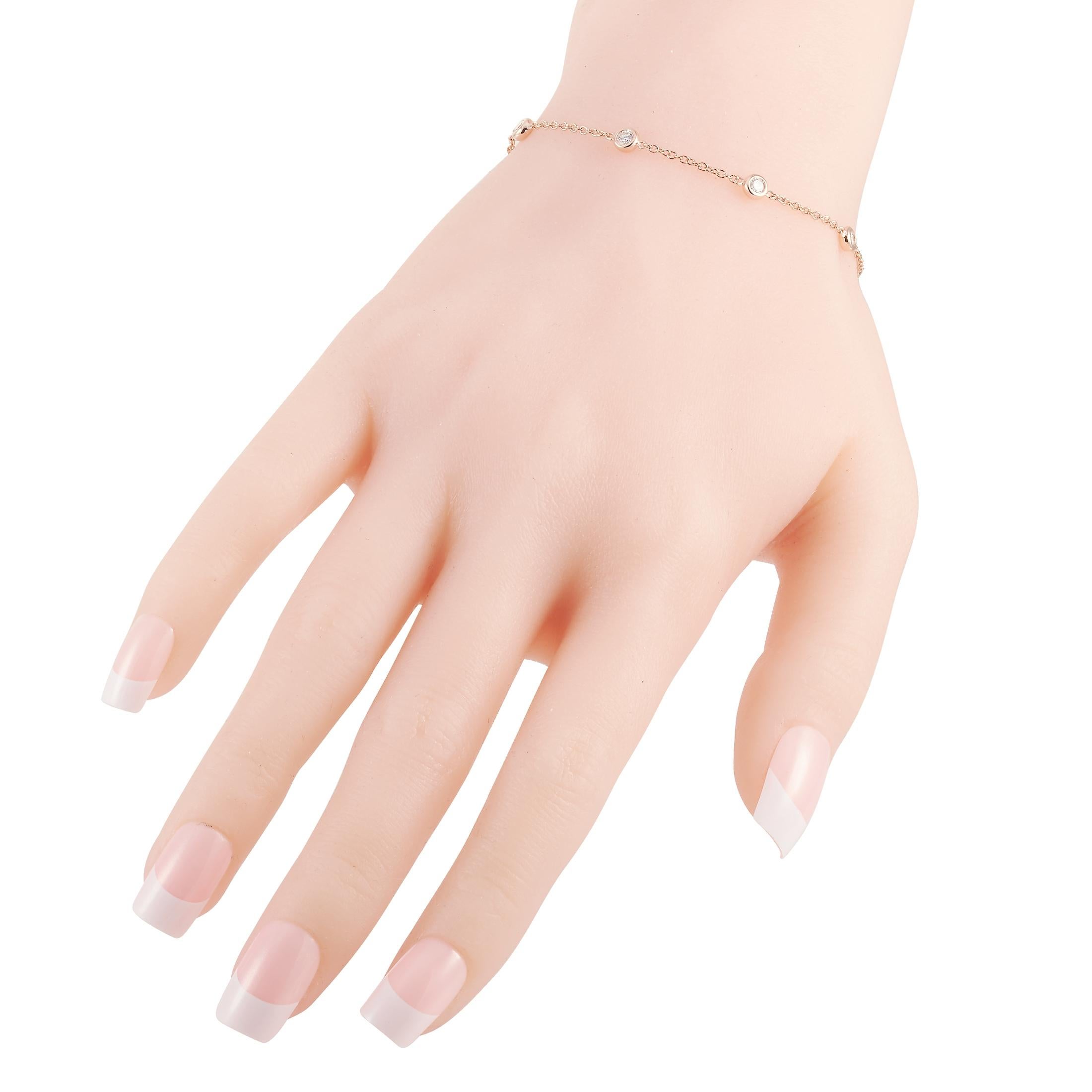 This LB Exclusive bracelet is made of 14K rose gold and embellished with diamonds that amount to 0.50 carats. The bracelet weighs 2.5 grams and measures 6.50” in length.
 
 Offered in brand new condition, this jewelry piece includes a gift box.