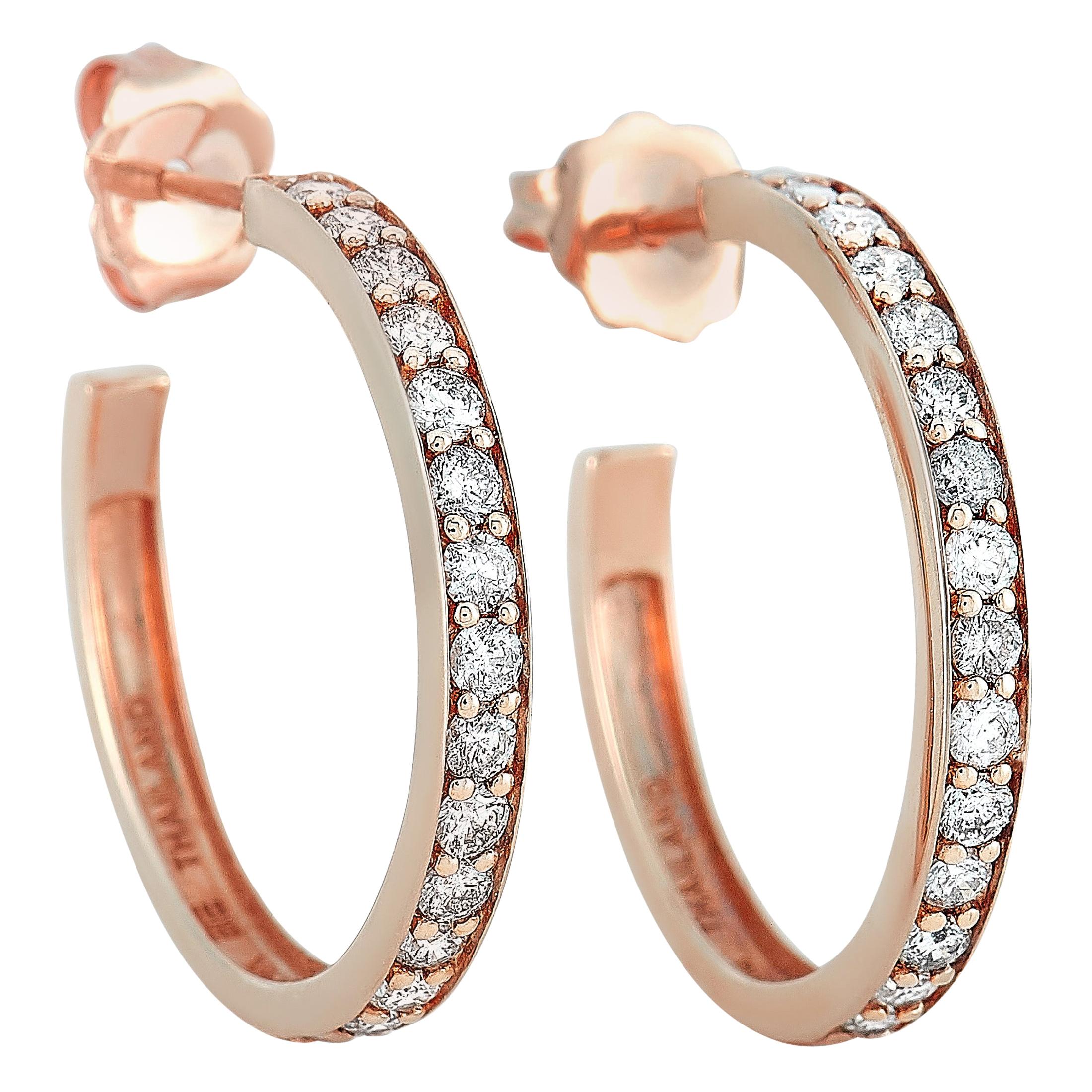 LB Exclusive 14 Karat Rose Gold 0.75 Carat Diamond Hoop Earrings For Sale
