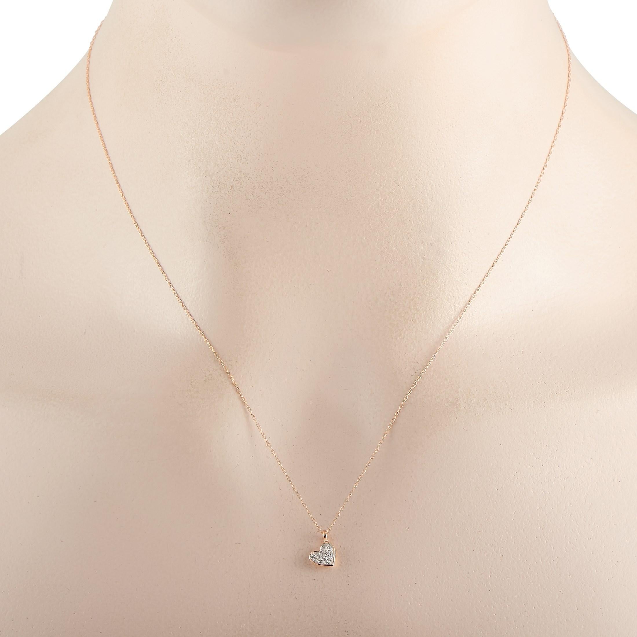 This stylish LB Exclusive 14K Rose Gold 0.80 ct Diamond Heart Pendant Necklace includes a delicate 14K Rose Gold chain that is 17 inches in length and features a spring ring closure. The necklace includes a matching rose gold heart pendant set with