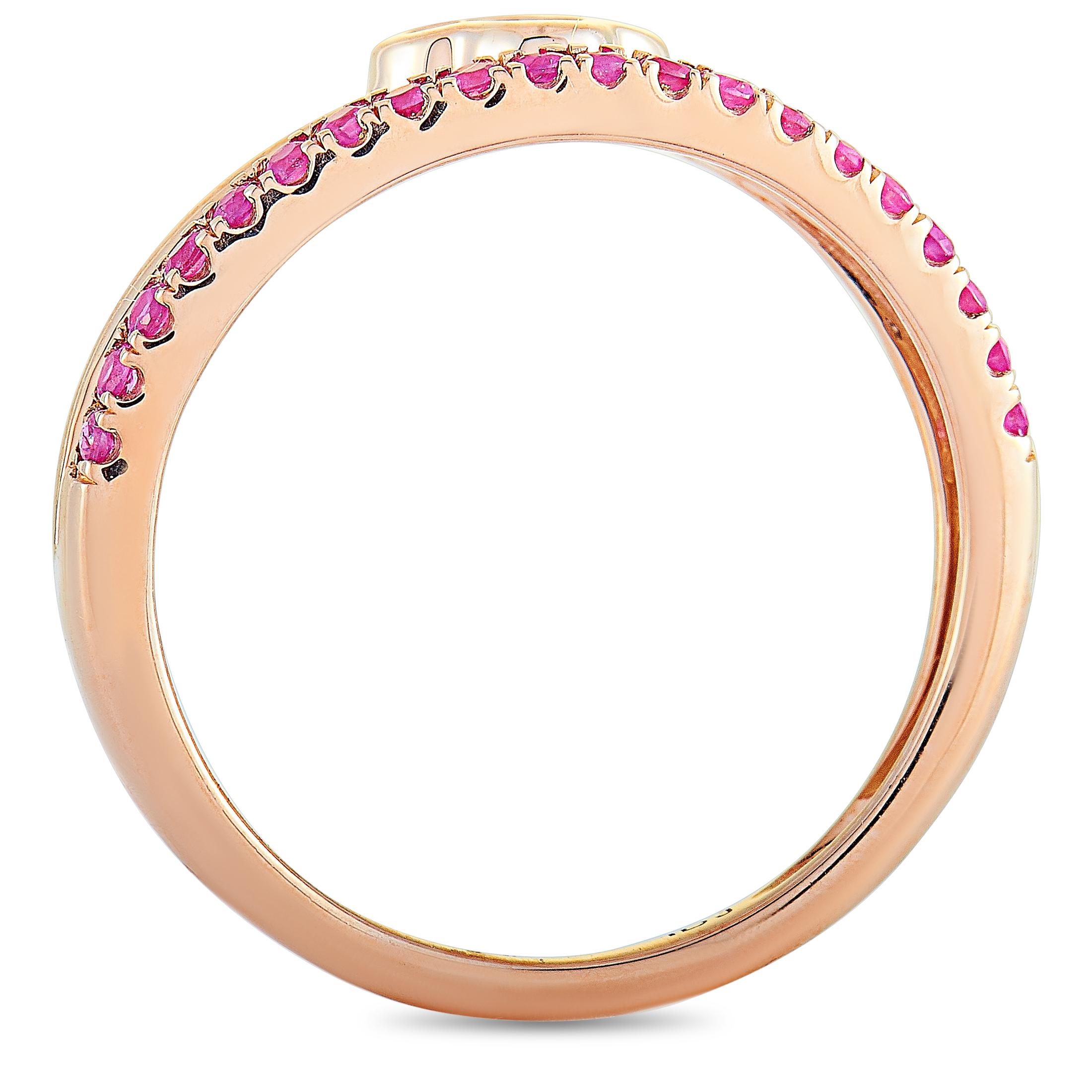 This LB Exclusive ring is crafted from 14K rose gold and weighs 2.7 grams, boasting band thickness of 1 mm and top height of 2 mm, while top dimensions measure 20 by 9 mm. The ring is set with rubies that amount to 0.25 carats. Ring Size: