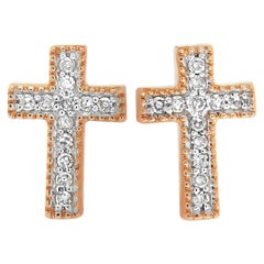 LB Exclusive 14 Karat Rose Gold Diamond Cross Earrings