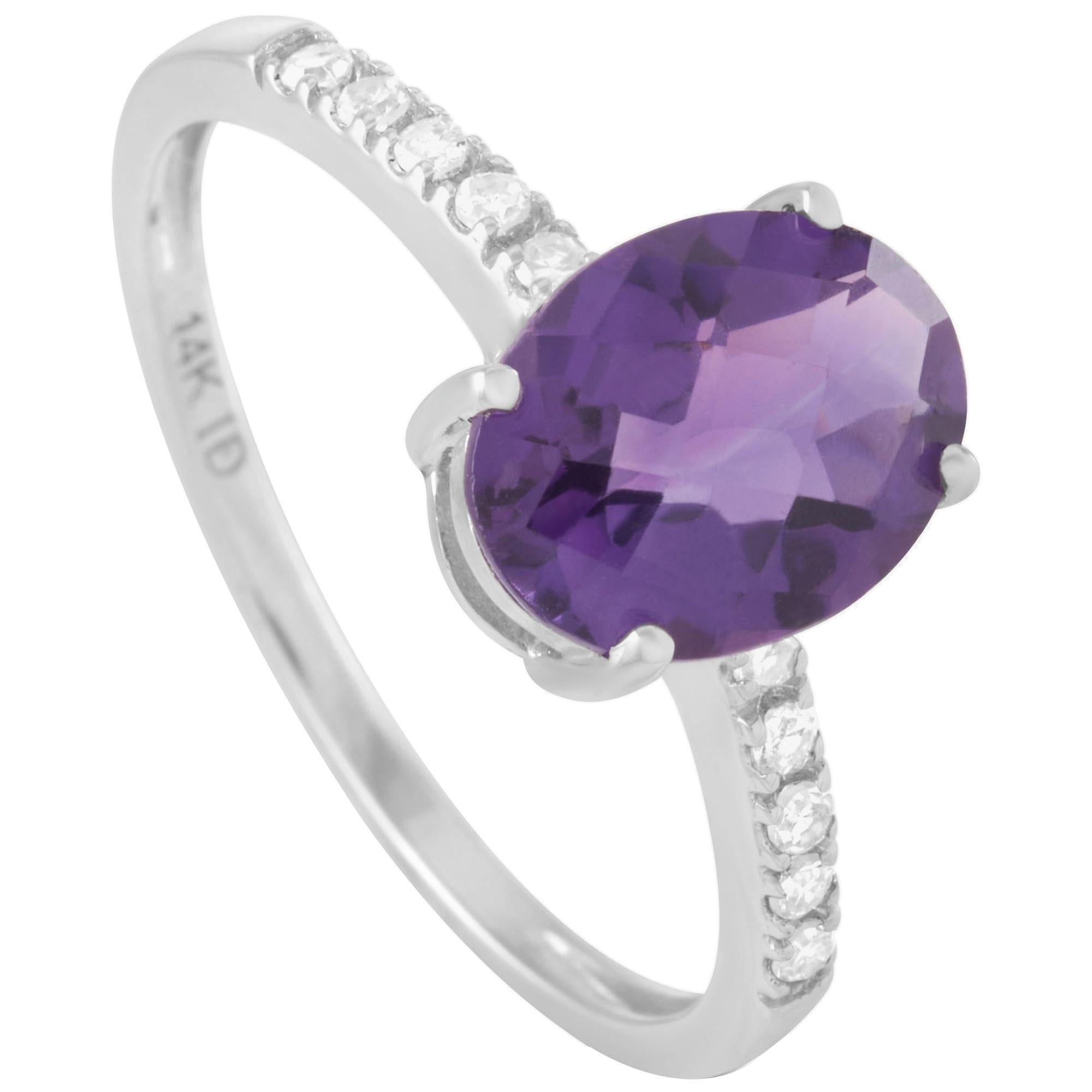 LB Exclusive 14 Karat White Gold 0.10 Carat Diamond and Oval Amethyst Ring