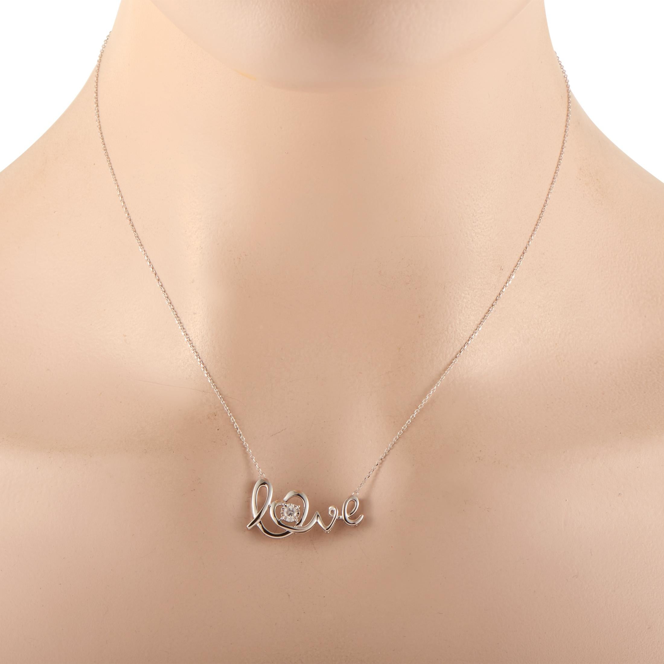 This LB Exclusive necklace is made of 14K white gold and embellished with a 0.10 ct diamond stone. The necklace weighs 3.2 grams and boasts a 16” chain and a “love” pendant that measures 0.75” in length and 1.15” in width.
 
 Offered in brand new