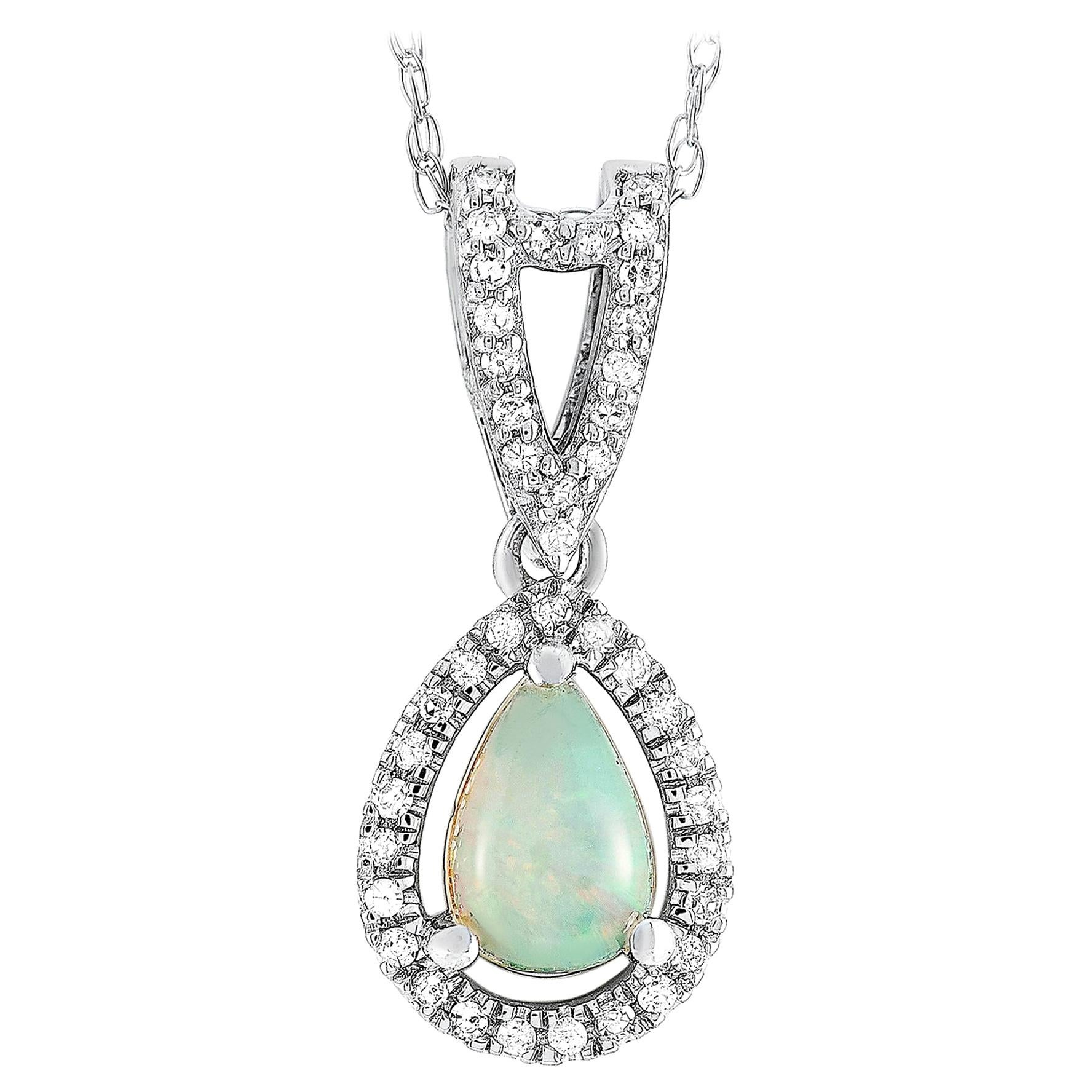 LB Exclusive 14 Karat White Gold 0.11 Carat Diamond and Opal Pendant Necklace