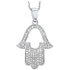 LB Exclusive 14 Karat White Gold 0.11 Carat Diamond Hamsa Pendant Necklace