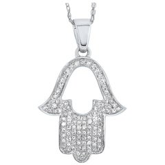 LB Exclusive 14 Karat White Gold 0.11 Carat Diamond Hamsa Pendant Necklace