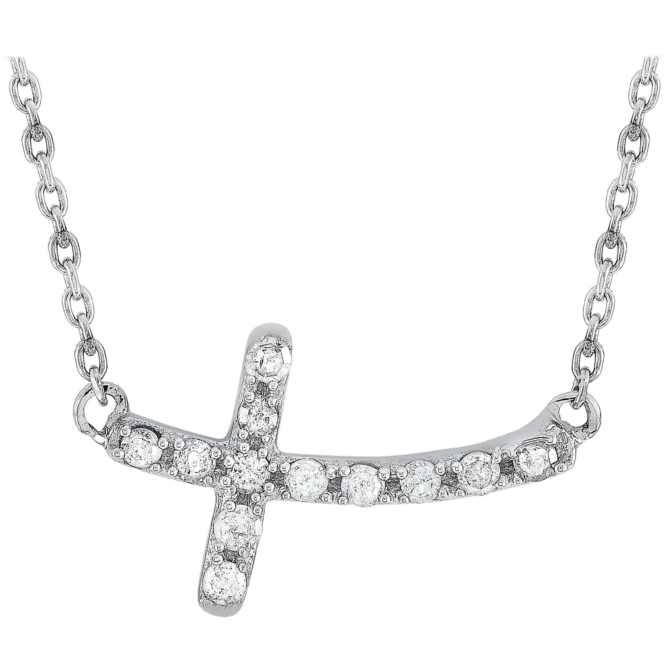 LB Exclusive 14 Karat White Gold 0.12 Carat Diamond Small Cross Pendant Necklace For Sale
