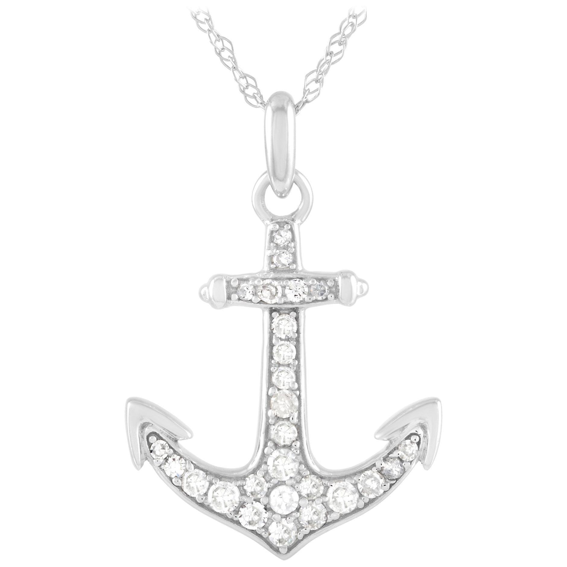 LB Exclusive 14 Karat White Gold 0.17 Carat Diamond Anchor Pendant Necklace