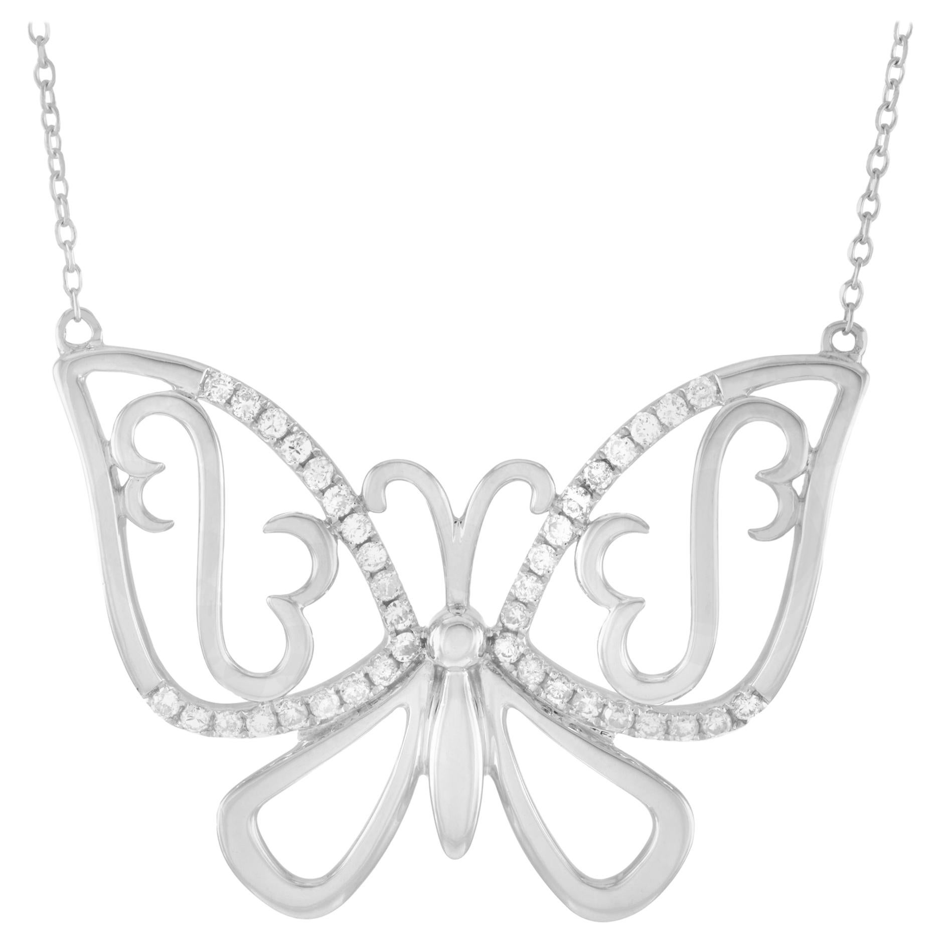 LB Exclusive 14 Karat White Gold 0.25 Carat Diamond Butterfly Pendant Necklace For Sale