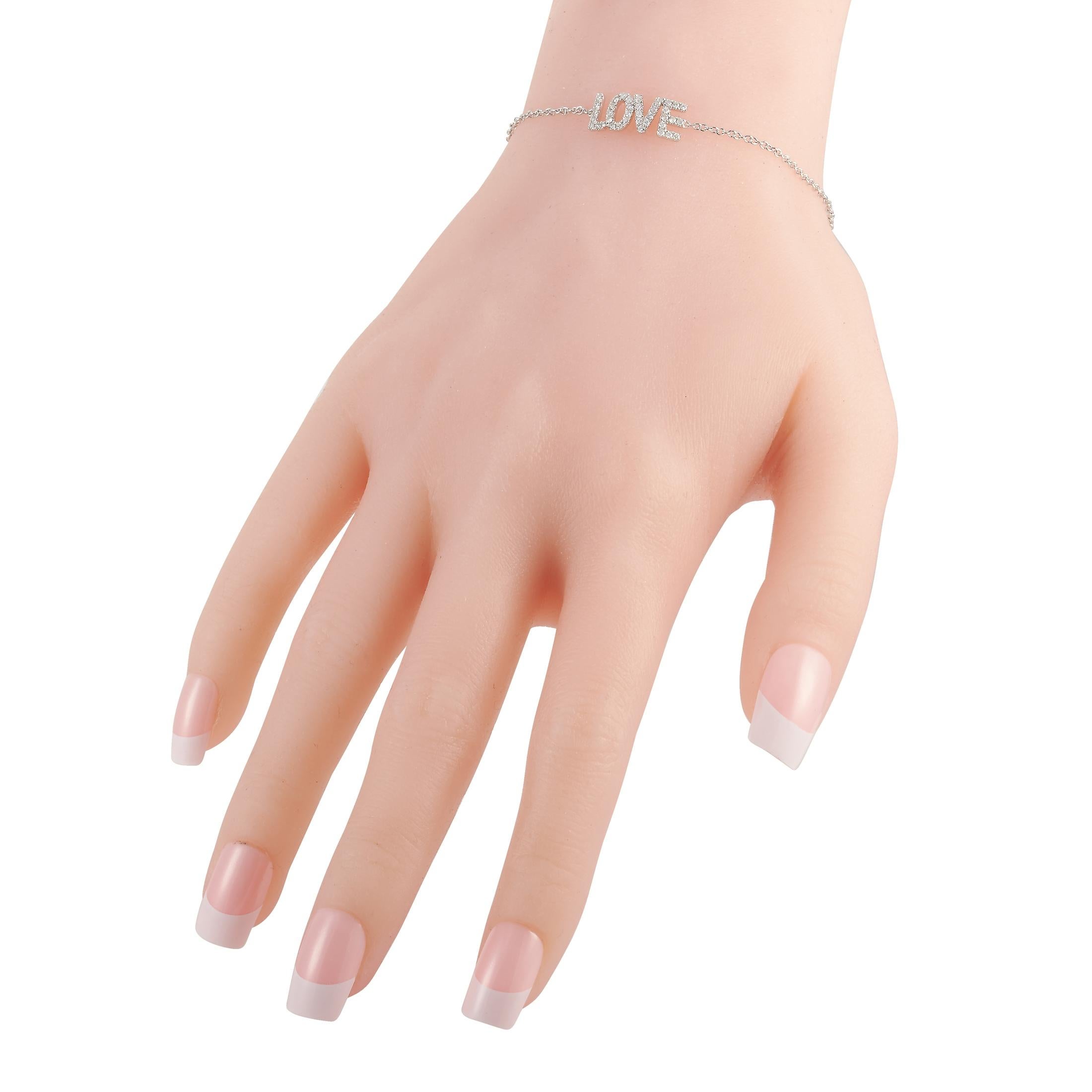 This LB Exclusive love bracelet is crafted from 14K white gold and weighs 2 grams, measuring 6.50” in length. The bracelet is set with diamonds that total 0.30 carats.
 
 Offered in brand new condition, this item includes a gift box.