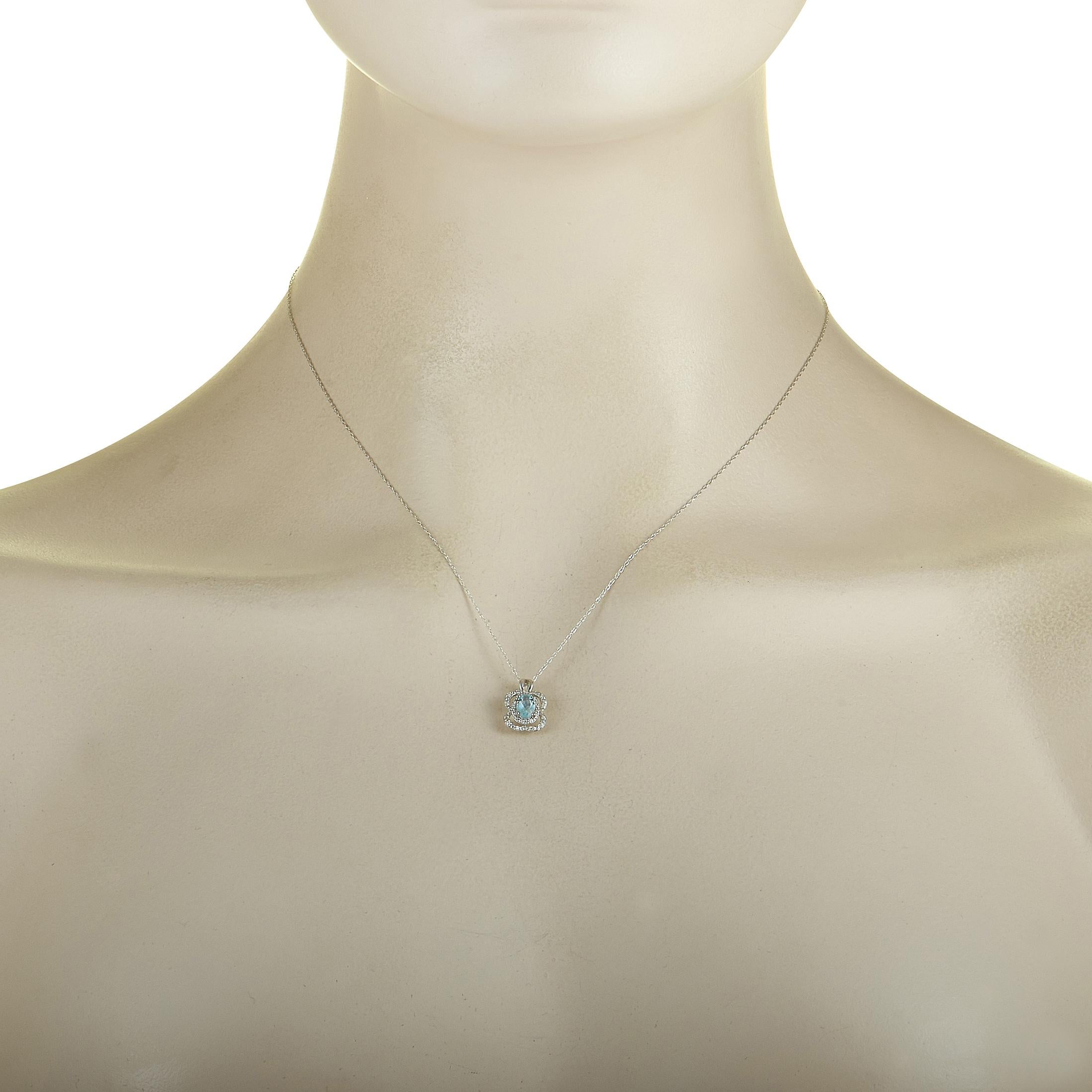 This LB Exclusive necklace is crafted from 14K white gold, boasting a 17” chain with spring ring closure and a pendant that measures 0.50” in length and 0.37” in width. The necklace weighs 1.6 grams and is set with an aquamarine and a total of 0.08
