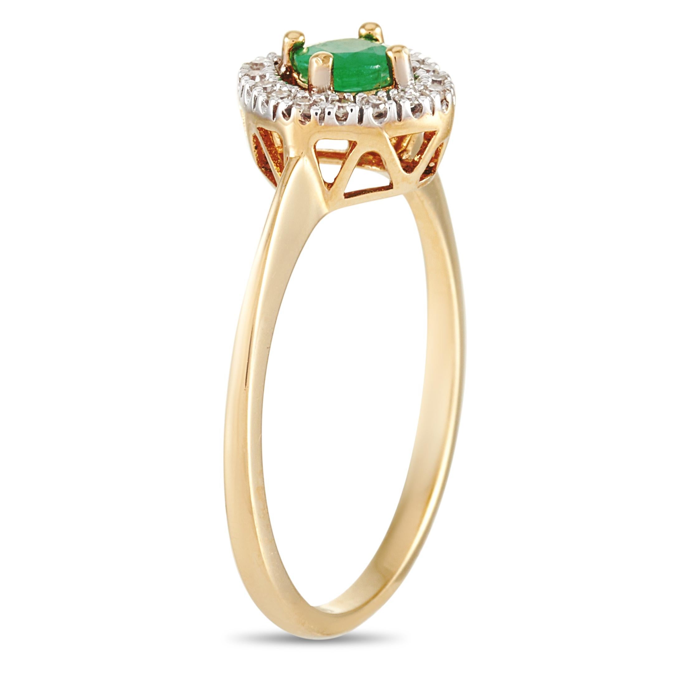 This LB Exclusive ring is crafted from 14K yellow gold and weighs 2.2 grams. It boasts band thickness of 1 mm and top height of 5 mm, while top dimensions measure 9 by 9 mm. The ring is set with a 0.45 ct emerald and a total of 0.10 carats of