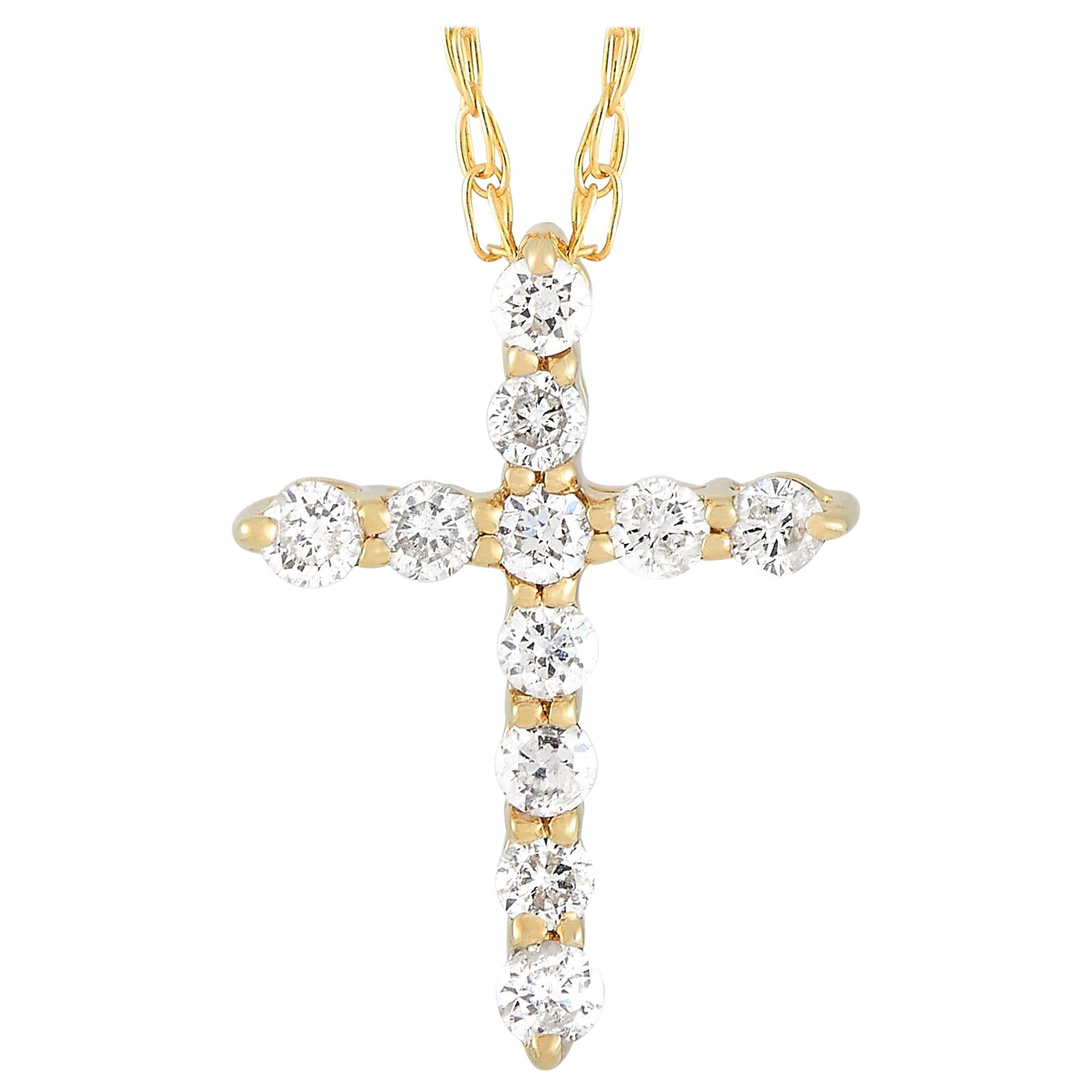 LB Exclusive 14 Karat Yellow Gold 0.10 Carat Diamond Cross Pendant Necklace