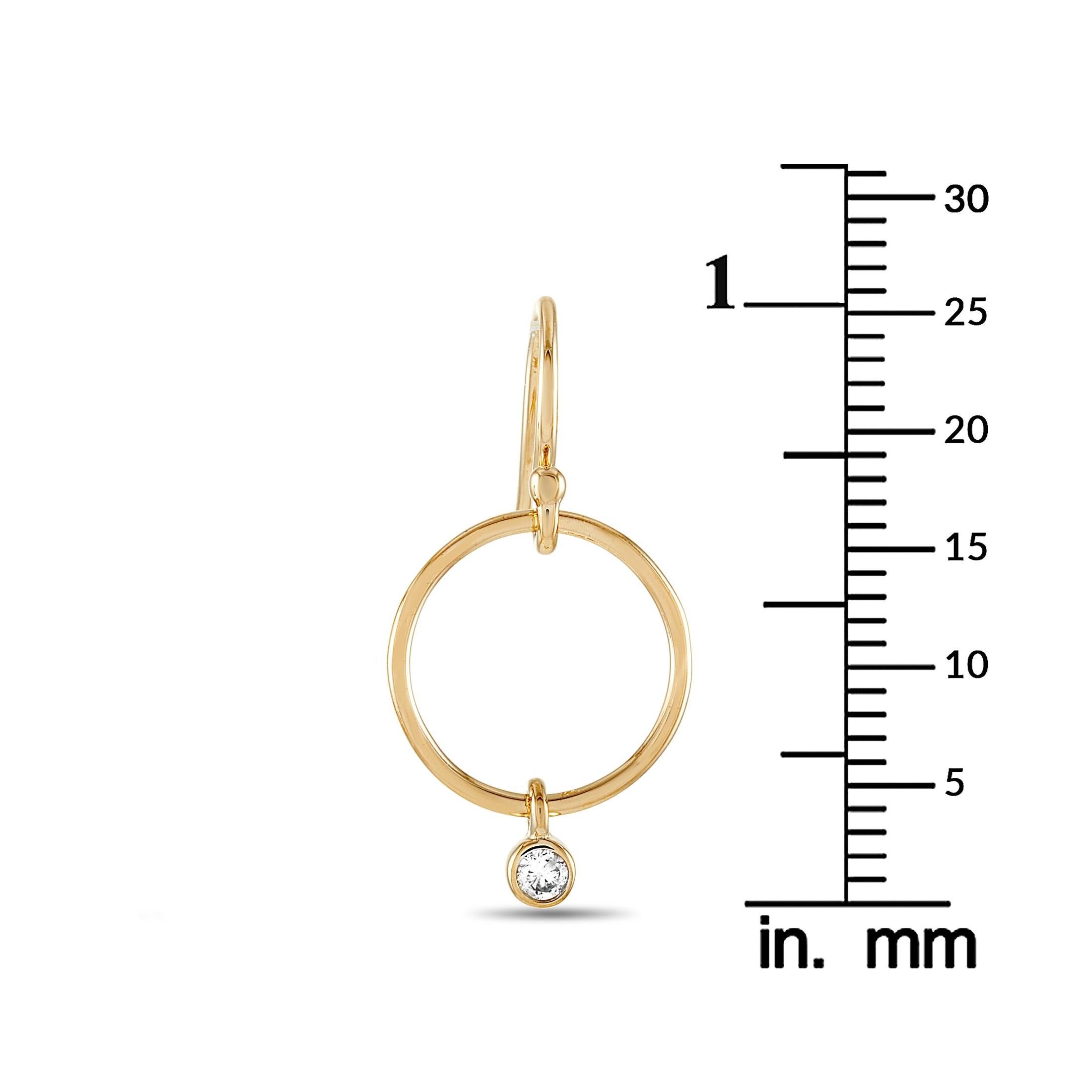 Round Cut LB Exclusive 14 Karat Yellow Gold 0.10 Carat Diamond Dangle Hoop Earrings