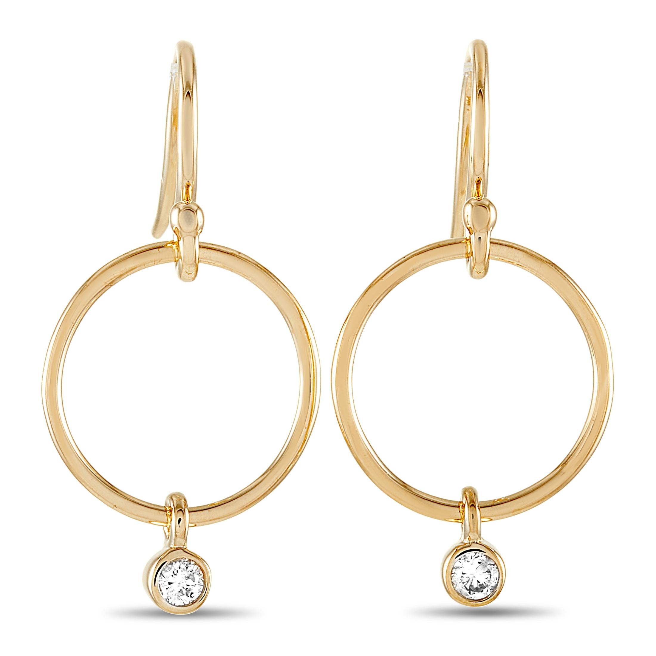 LB Exclusive 14 Karat Yellow Gold 0.10 Carat Diamond Dangle Hoop Earrings In New Condition In Southampton, PA