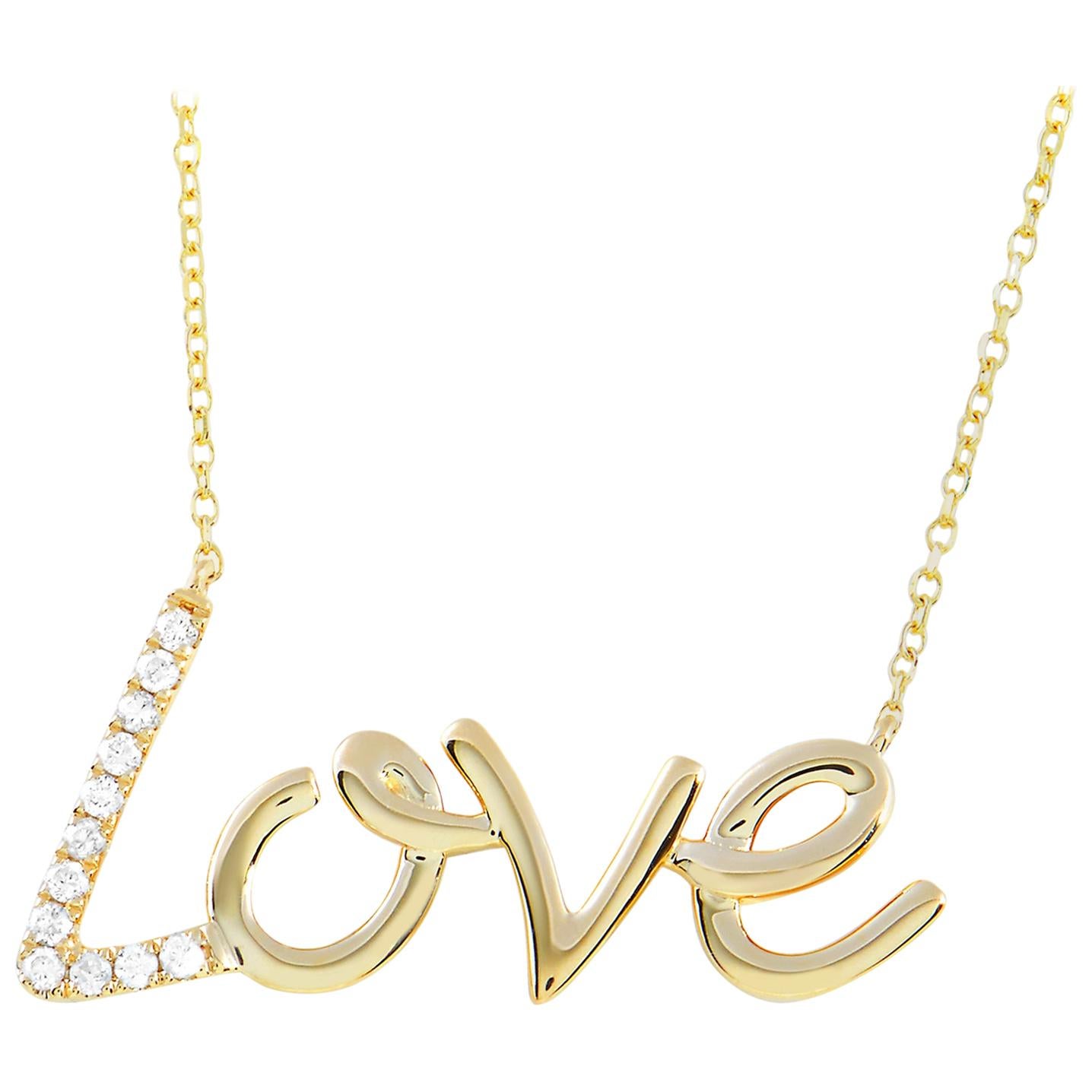 LB Exclusive 14 Karat Yellow Gold 0.10 Carat Diamond Love Pendant Necklace For Sale