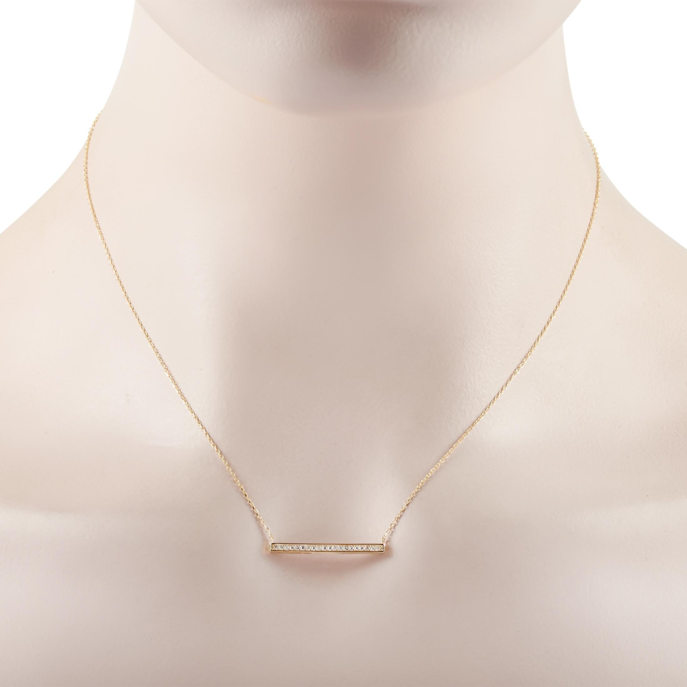 This LB Exclusive necklace is made of 14K yellow gold and embellished with diamonds that amount to 0.10 carats. The necklace weighs 1.8 grams and boasts a 15” chain and a pendant that measures 0.07” in length and 1” in width.
 
 Offered in brand new