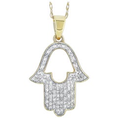 LB Exclusive 14 Karat Yellow Gold 0.11 Carat Diamond Hamsa Pendant Necklace