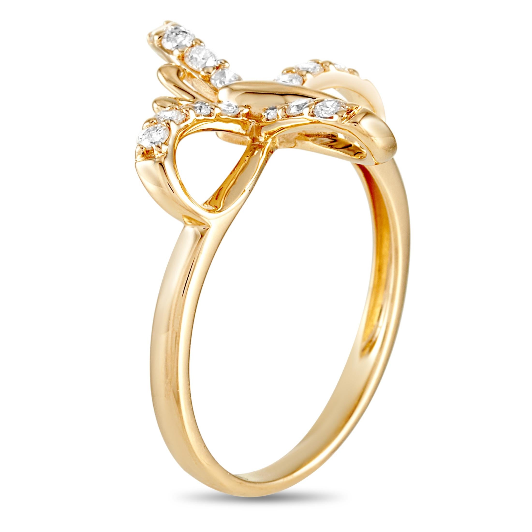 This LB Exclusive butterfly ring is made of 14K yellow gold and embellished with diamonds that amount to 0.30 carats. The ring weighs 2.5 grams and boasts band thickness of 2 mm and top height of 3 mm, while top dimensions measure 16 by 17 mm.
 
