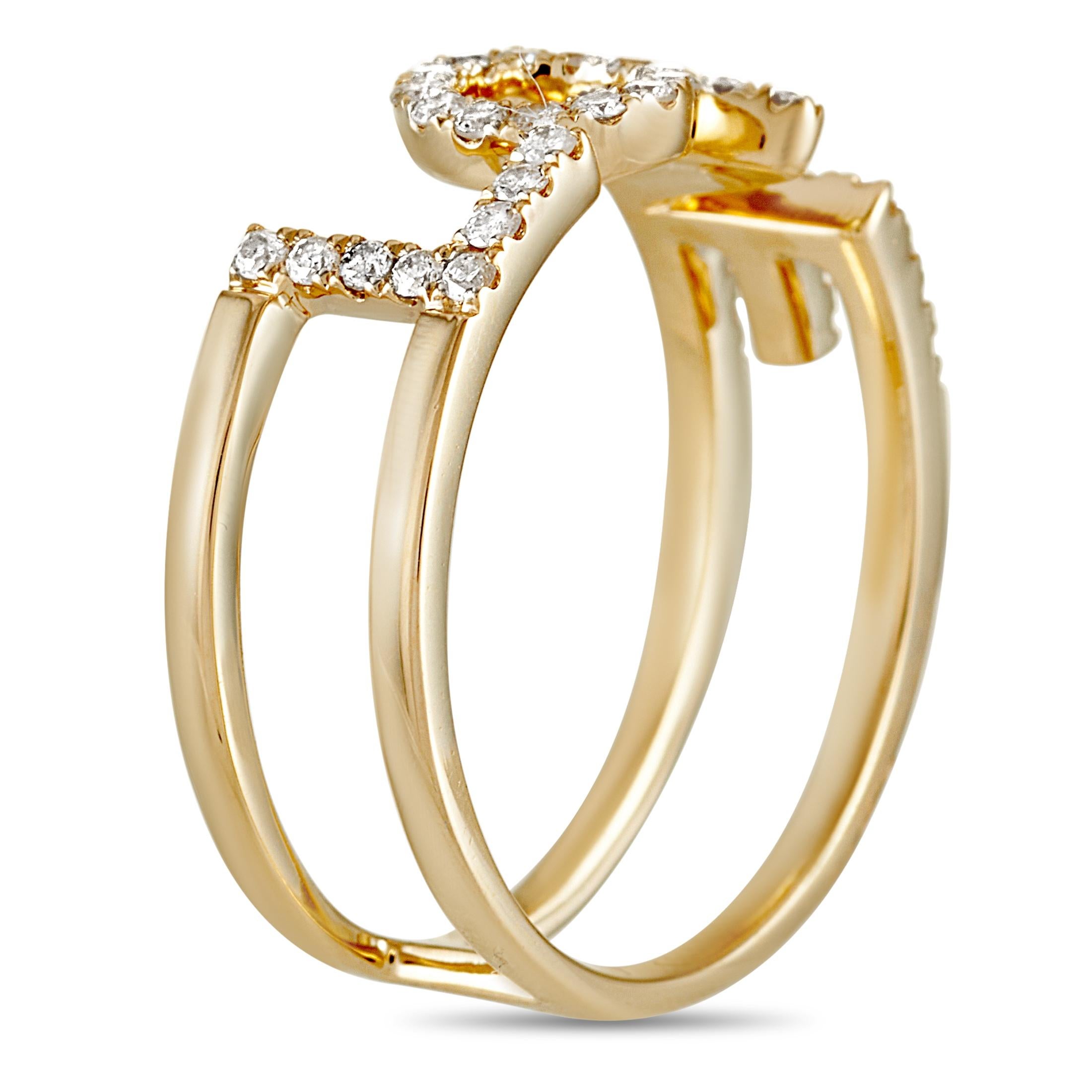 This LB Exclusive love ring is made of 14K yellow gold and embellished with diamonds that amount to 0.35 carats. The ring weighs 2.6 grams and boasts band thickness of 6 mm, while top dimensions measure 6 by 16 mm.
 
 Offered in brand new condition,