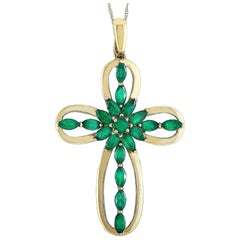 LB Exclusive 14 Karat Yellow Gold 2.65 Carat Emerald Cross Pendant Necklace