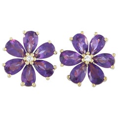 LB Exclusive 14 Karat Yellow Gold Diamond and Amethyst Flower Earrings