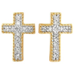 LB Exclusive 14 Karat Yellow Gold Diamond Cross Earrings