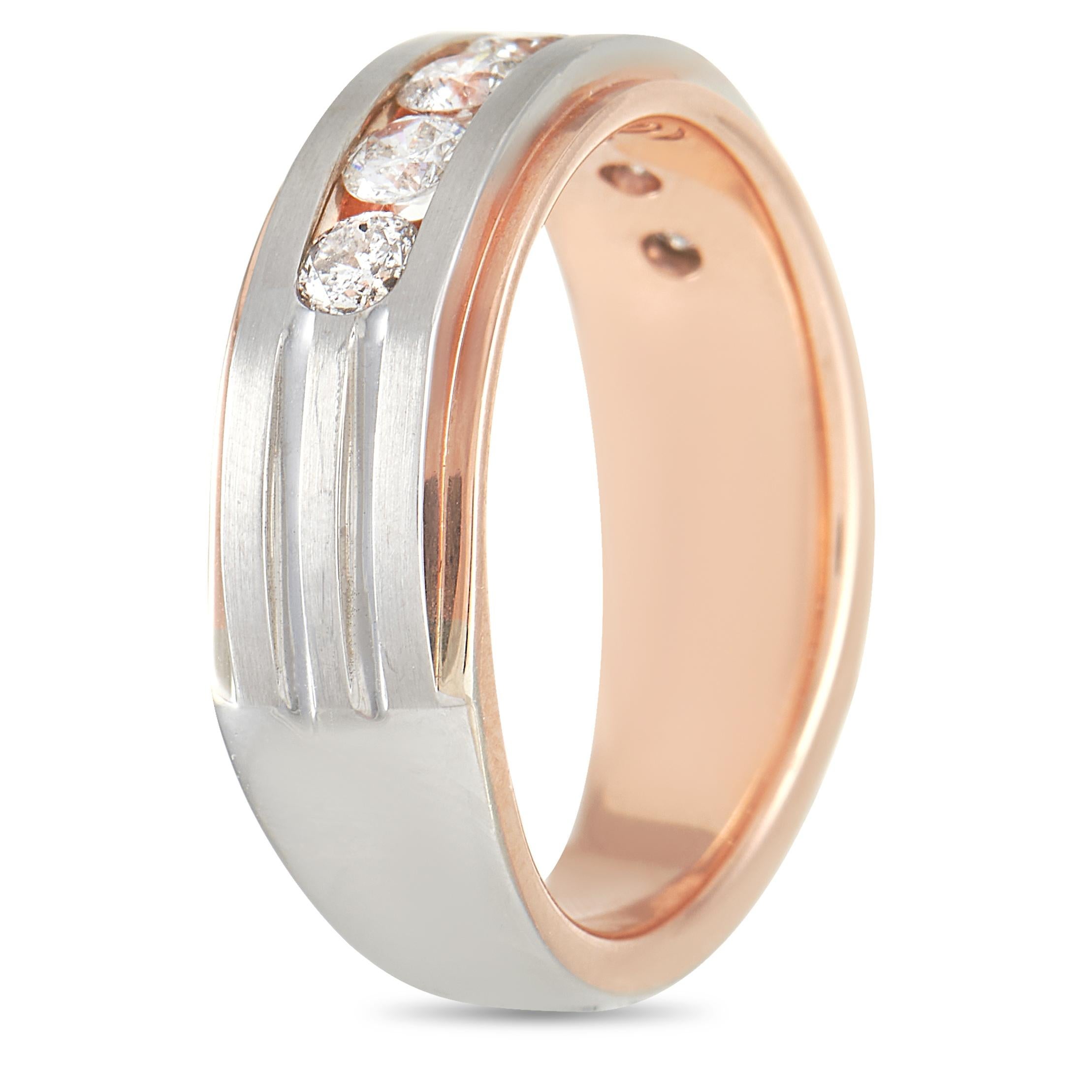 A striking two-toned design sets this band ring apart for all the right reasons. The base of this ring is crafted from lustrous 14K rose gold, which has been accented by a second band made of contrasting 14K white gold. At the center, 7 channel set