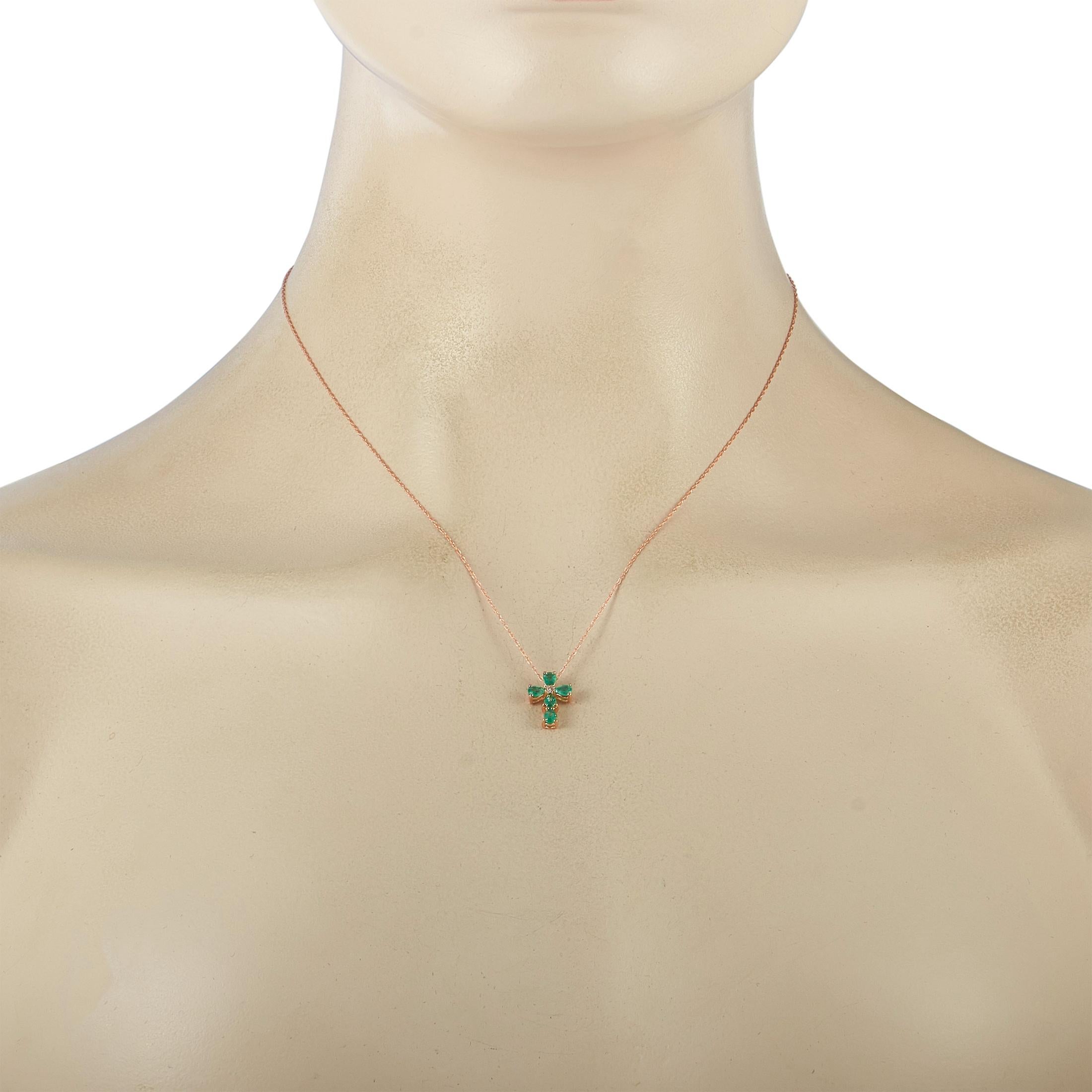 Round Cut LB Exclusive 14K Rose Gold 0.01 Carat Diamond and Emerald Cross Pendant Necklace