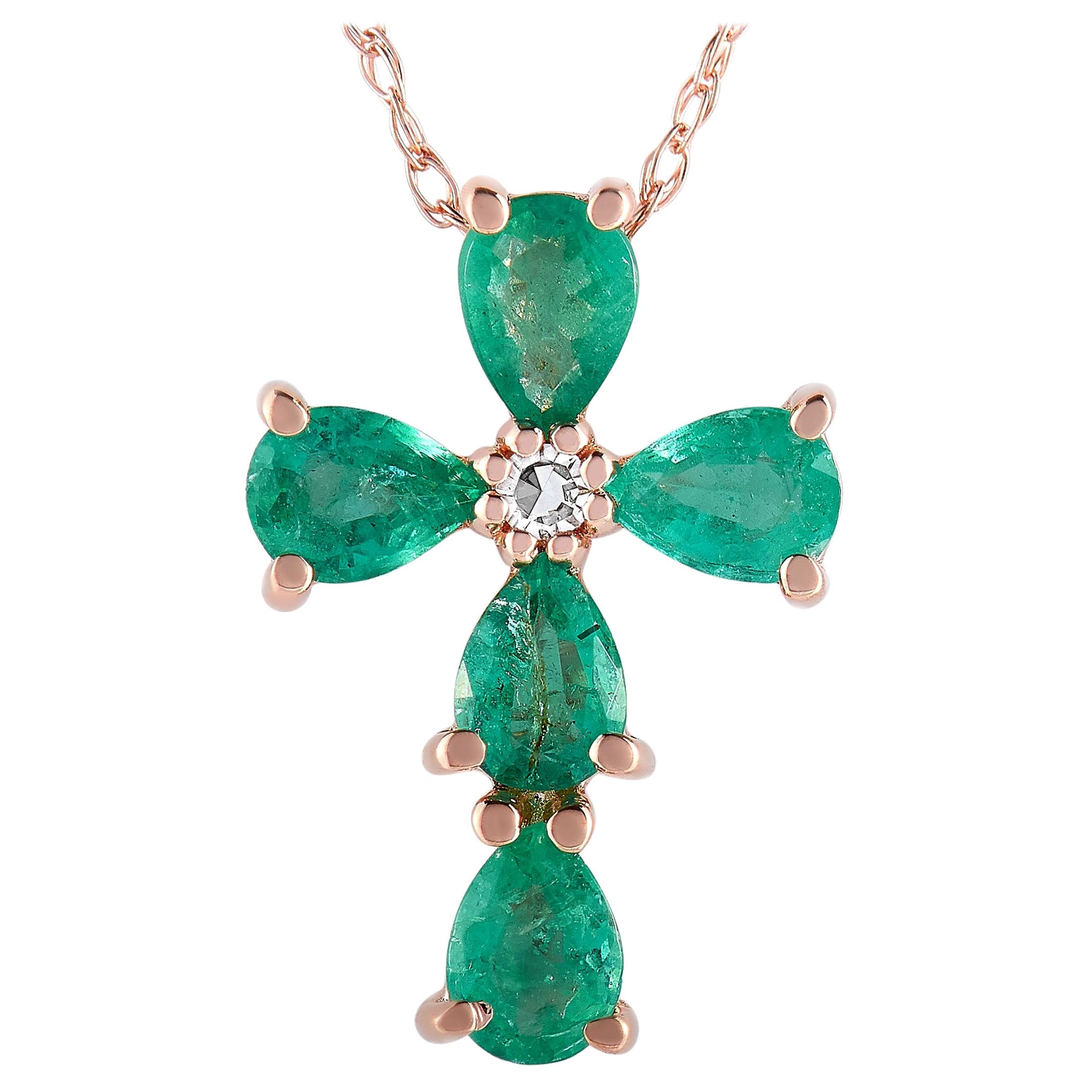 LB Exclusive 14K Rose Gold 0.01 Carat Diamond and Emerald Cross Pendant Necklace