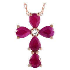 LB Exclusive 14 Karat Gold 0.01 Carat Diamond and Ruby Cross Pendant Necklace