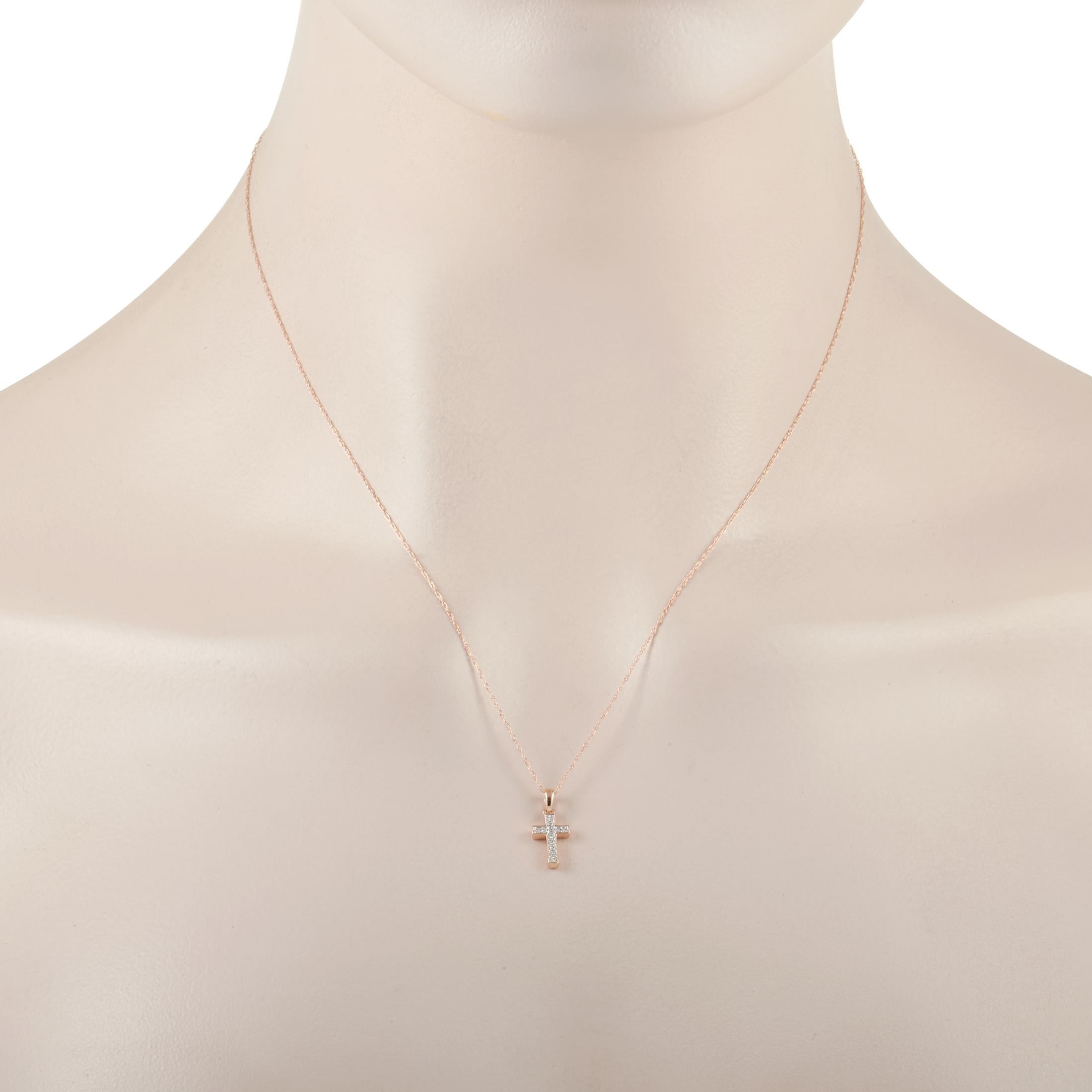Allow your faith to make a statement with the help of this glittering pendant necklace. Glittering diamonds totaling 0.05 carats contrast beautifully against the 14K Rose Gold setting on the cross-shaped pendant, which measures .57” long and .25”