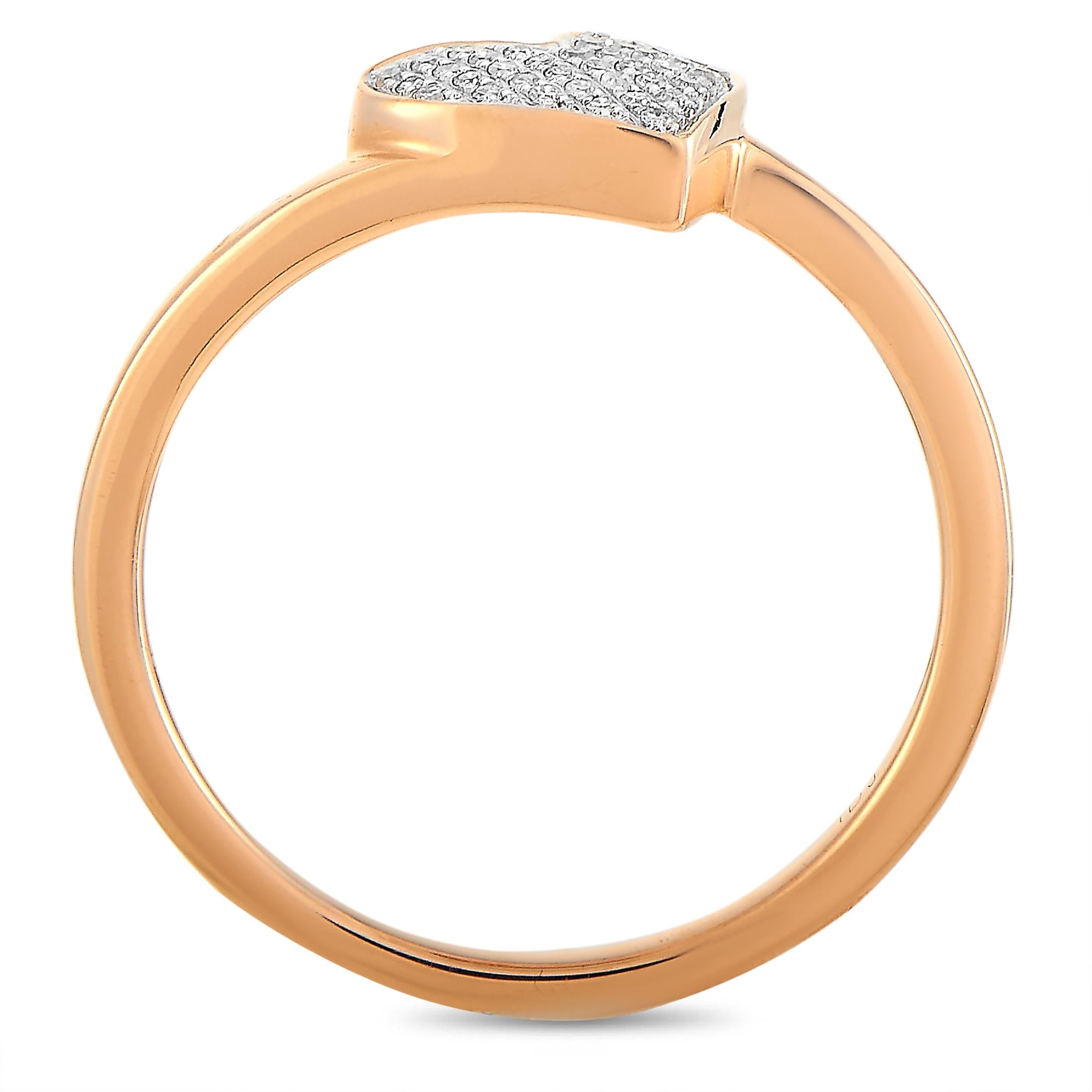 This LB Exclusive ring is made of 14K rose gold and embellished with diamonds that amount to 0.09 carats. The ring weighs 2.4 grams and boasts band thickness of 2 mm and top height of 3 mm, while top dimensions measure 6 by 10 mm.
 
 Offered in