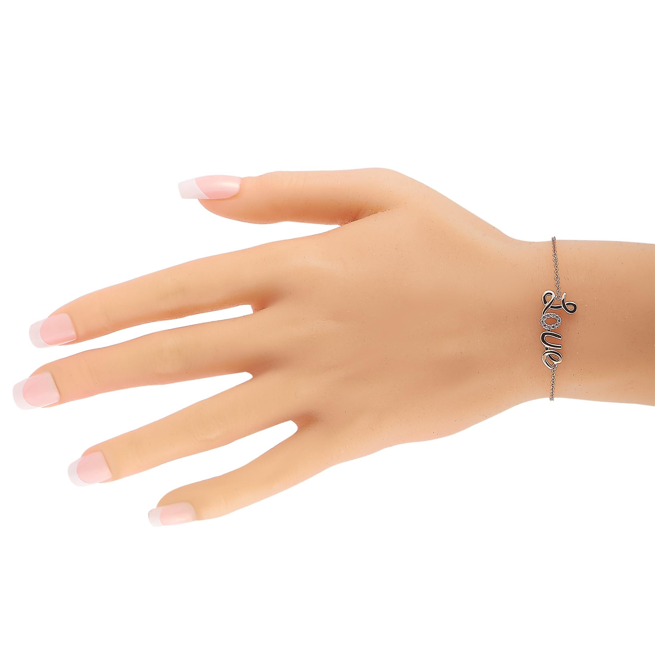 This LB Exclusive love bracelet is crafted from 14K rose gold and weighs 2.9 grams, measuring 7” in length. The bracelet is set with diamonds that total 0.10 carats.
 
 Offered in brand new condition, this item includes a gift box.