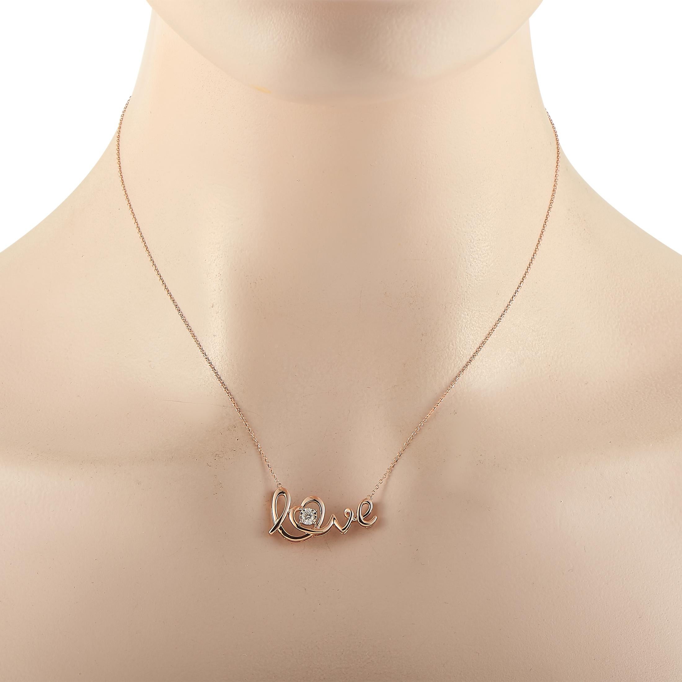 This LB Exclusive necklace is made of 14K rose gold and embellished with a 0.10 ct diamond stone. The necklace weighs 3.2 grams and boasts a 16” chain and a “love” pendant that measures 0.75” in length and 1.15” in width.
 
 Offered in brand new