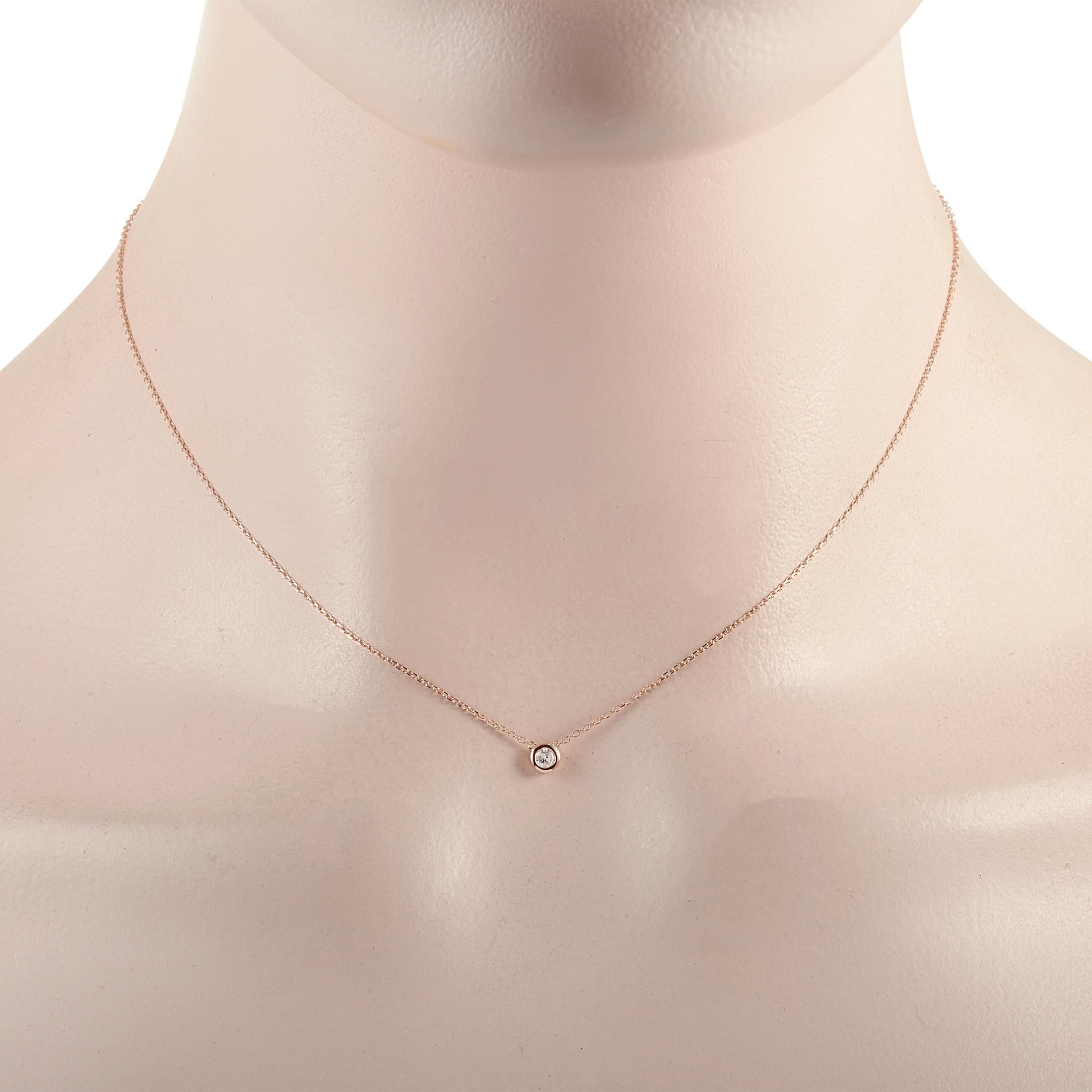 This LB Exclusive necklace is made of 14K rose gold and embellished with a 0.10 ct diamond stone. The necklace weighs 1.2 grams and boasts a 15” chain and a pendant that measures 0.13” in length and 0.13” in width.
 
 Offered in brand new condition,