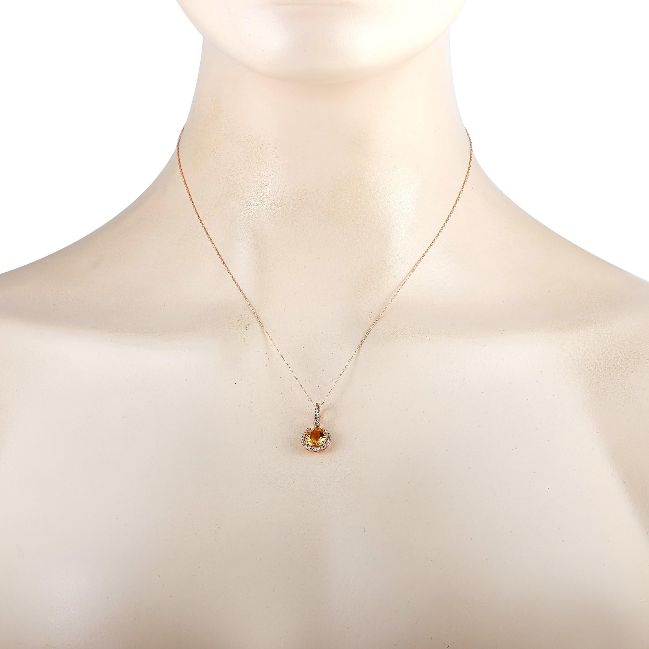 This LB Exclusive necklace is made of 14K rose gold and embellished with a citrine and a total of 0.11 carats of diamonds. The necklace weighs 2.2 grams and is presented with a 17” chain and a pendant that measures 0.87” in length and 0.47” in