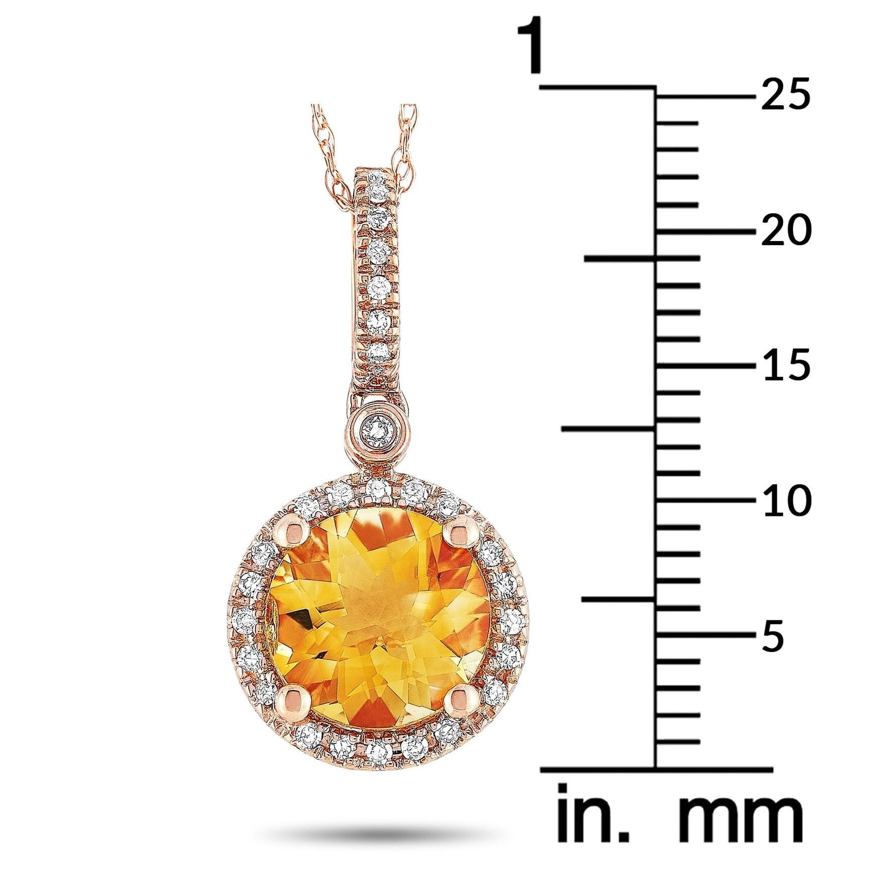 LB Exclusive 14K Rose Gold 0.11 Ct Diamond and Citrine Round Pendant Necklace In New Condition In Southampton, PA