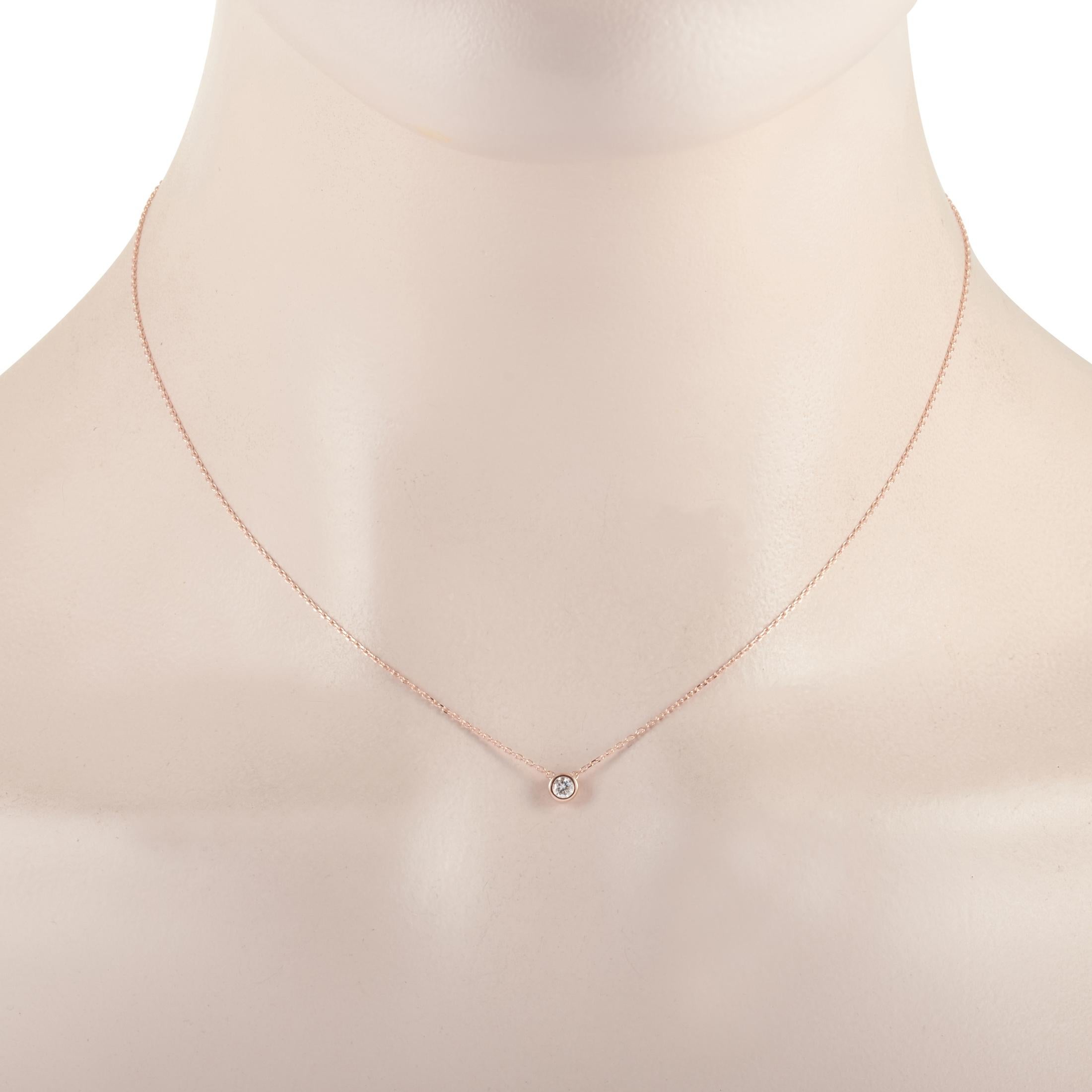 This LB Exclusive necklace is made of 14K rose gold and embellished with a 0.11 ct diamond stone. The necklace weighs 1.3 grams and boasts a 15” chain and a pendant that measures 0.19” in length and 0.19” in width.
 
 Offered in brand new
