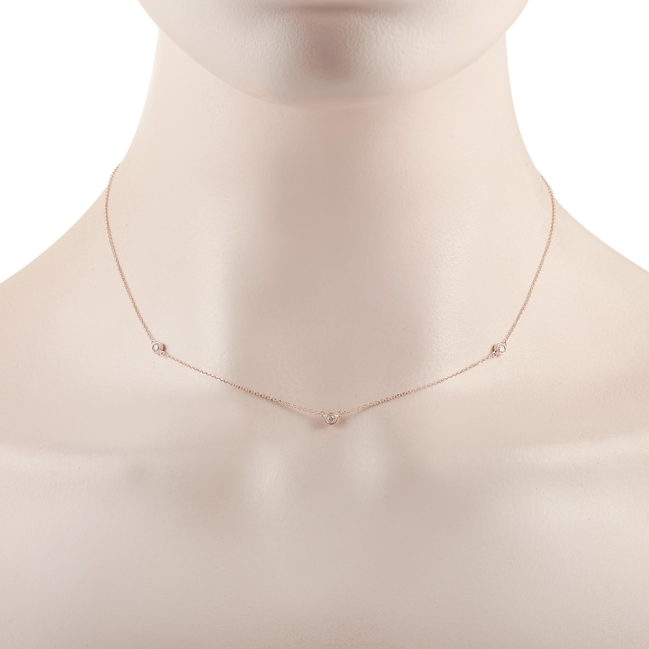 This LB Exclusive necklace is crafted from 14K rose gold and weighs 1.3 grams, measuring 16” in length. The necklace is set with diamonds that total 0.15 carats.
 
 Offered in brand new condition, this jewelry piece includes a gift box.
