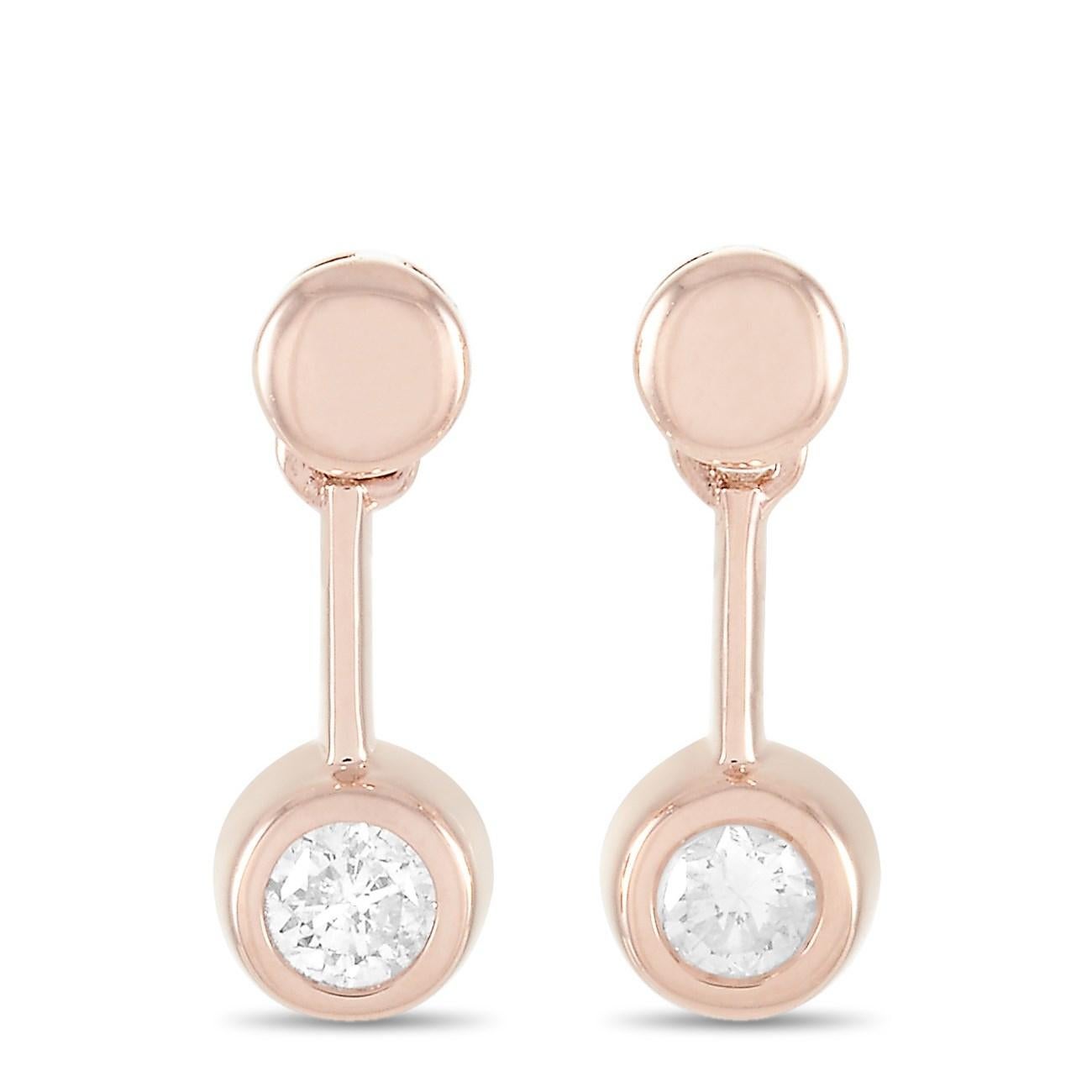 These LB Exclusive earrings are made of 14K rose gold and embellished with diamonds that total 0.16 carats. The earrings measure 0.50” in length and 0.13” in width and each of the two weighs 1 gram.

The pair is offered in brand-new condition and