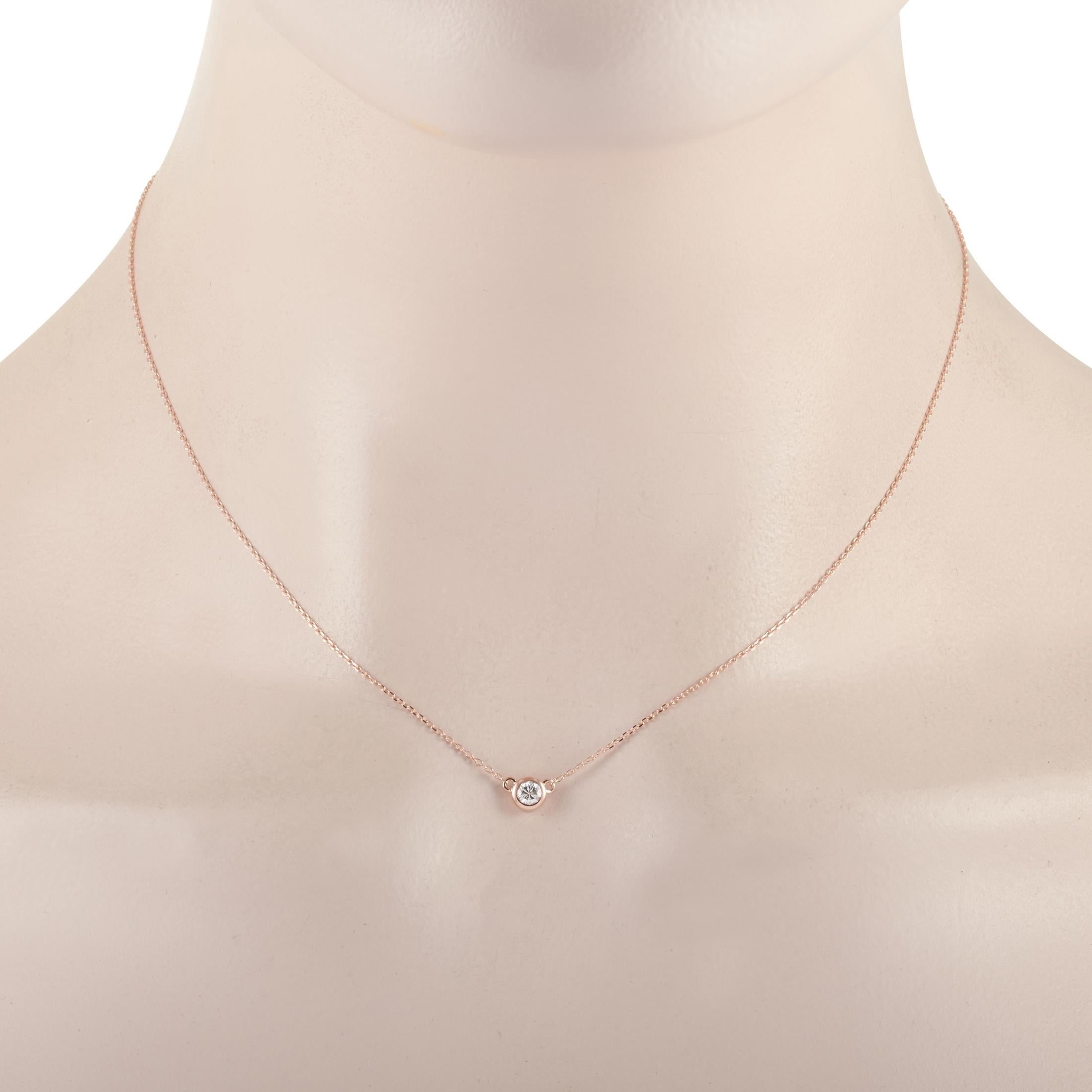 This LB Exclusive necklace is made of 14K rose gold and embellished with a 0.16 ct diamond stone. The necklace weighs 1.4 grams and boasts a 15” chain and a pendant that measures 0.19” in length and 0.19” in width.
 
 Offered in brand new
