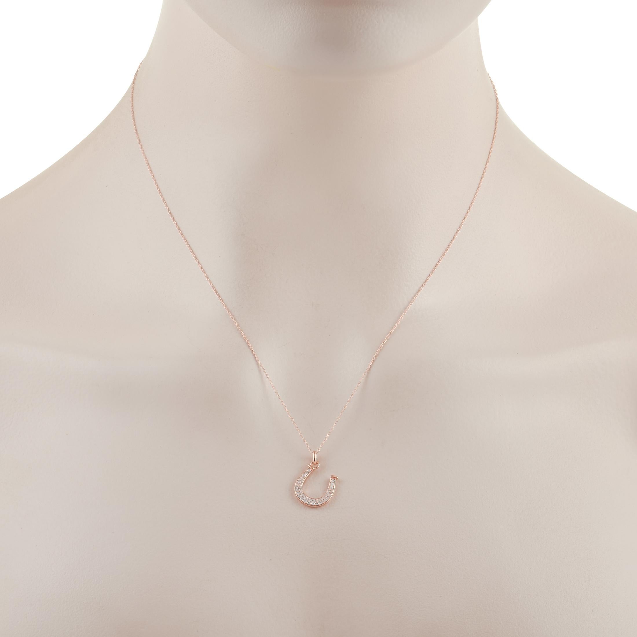 Anyone who could use a luxurious good luck charm will fall in love with this elegant necklace. Suspended from an 18” chain, you’ll find a horseshoe-shaped pendant measuring .75” long and .55” wide. It’s accented by glittering inset diamond gemstones