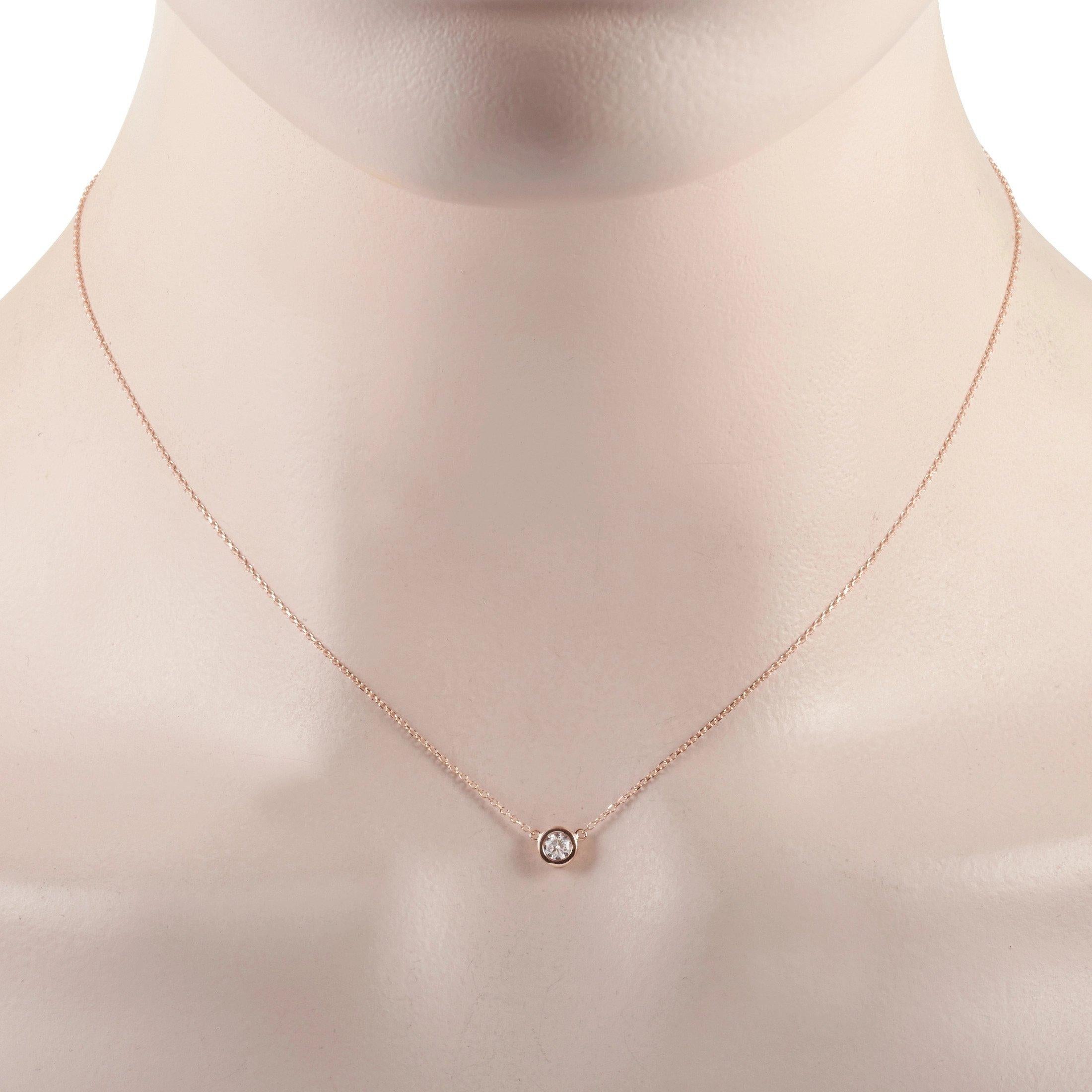 This LB Exclusive necklace is made of 14K rose gold and embellished with a 0.20 ct diamond stone. The necklace weighs 1.4 grams and boasts a 15” chain and a pendant that measures 0.13” in length and 0.13” in width.
 
 Offered in brand new condition,