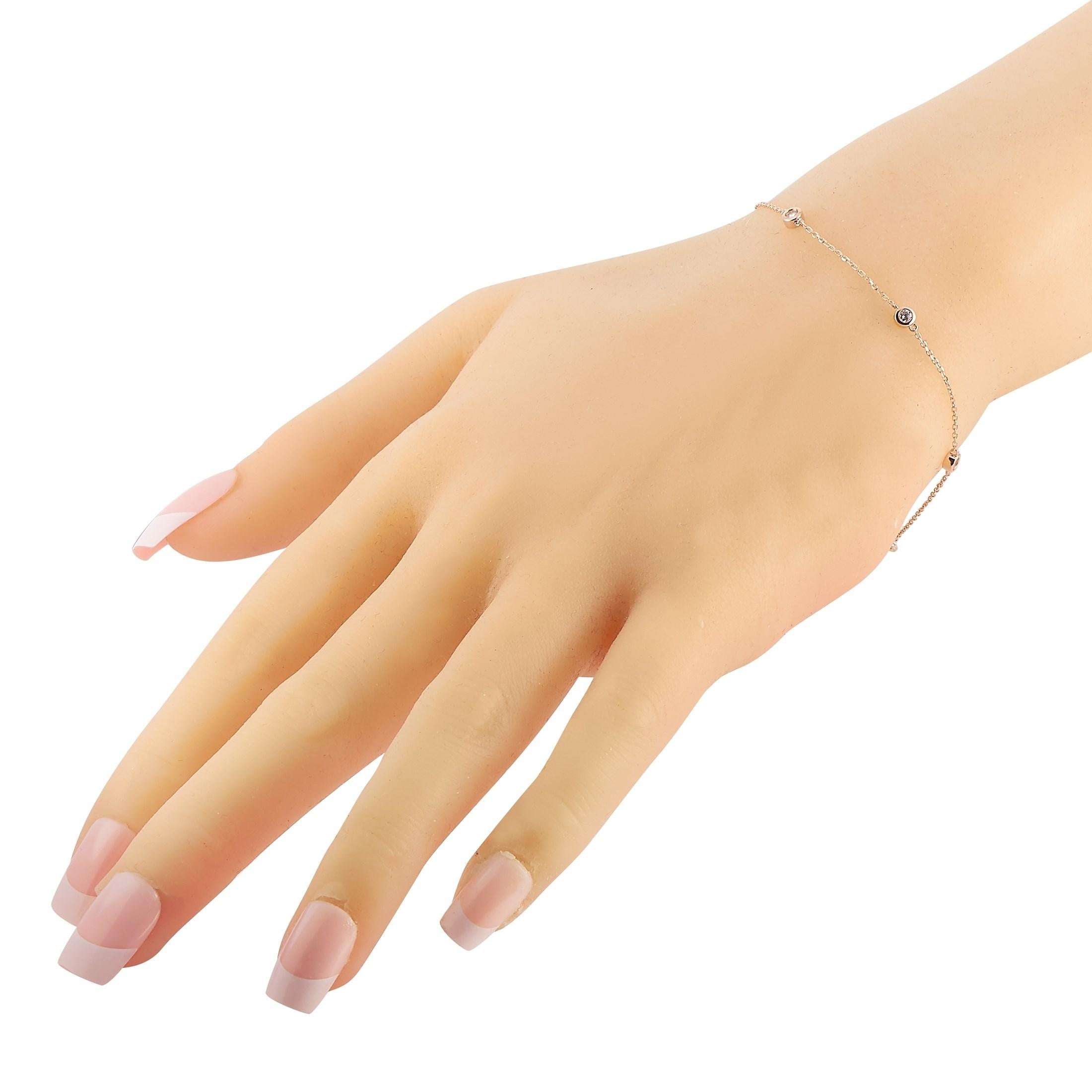 This LB Exclusive bracelet is crafted from 14K rose gold and weighs 1.6 grams, measuring 7” in length. The bracelet is set with diamonds that total 0.20 carats.

Offered in brand-new condition, this item includes a gift box.