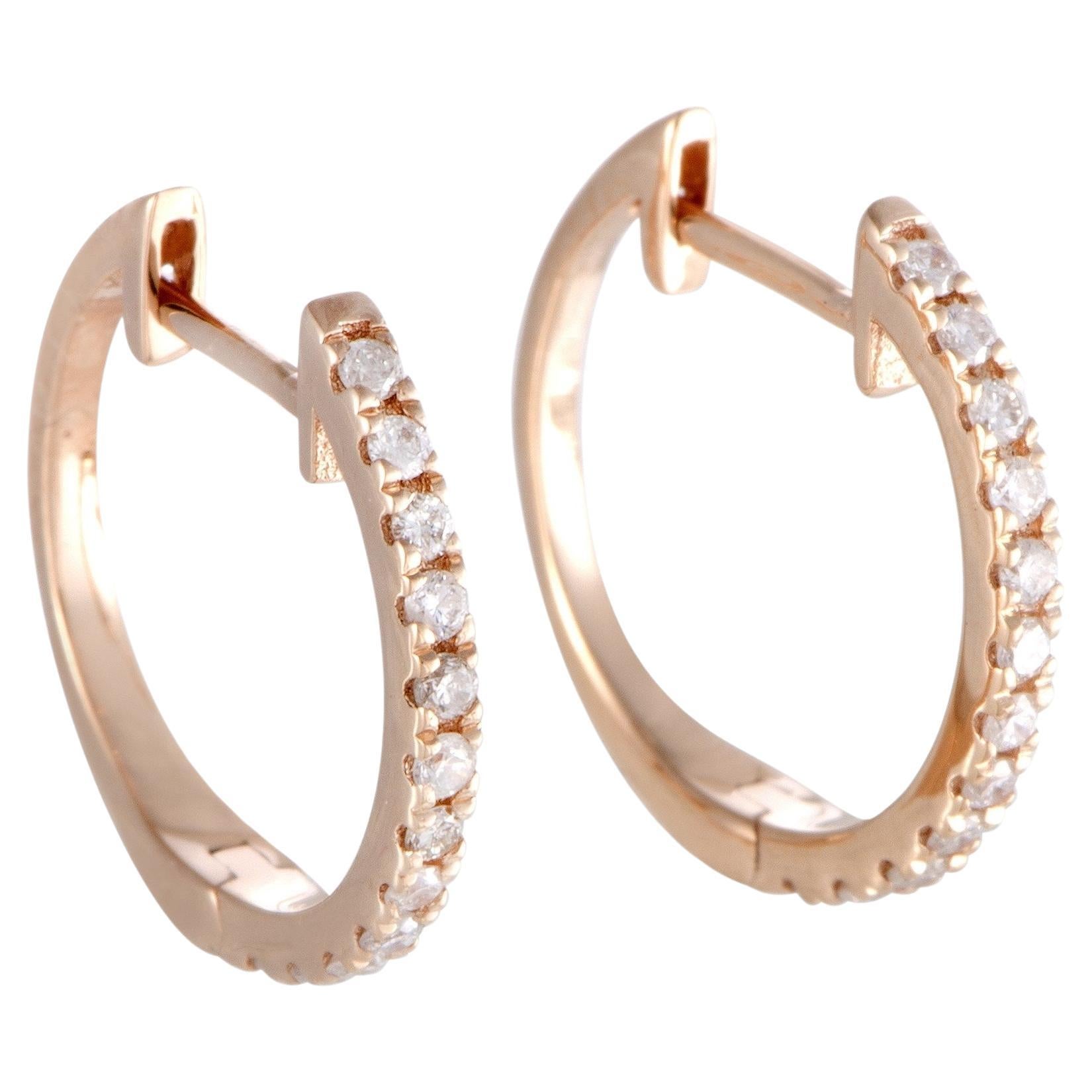 LB Exclusive 14K Rose Gold 0.22 Ct Diamond Hoop Earrings For Sale
