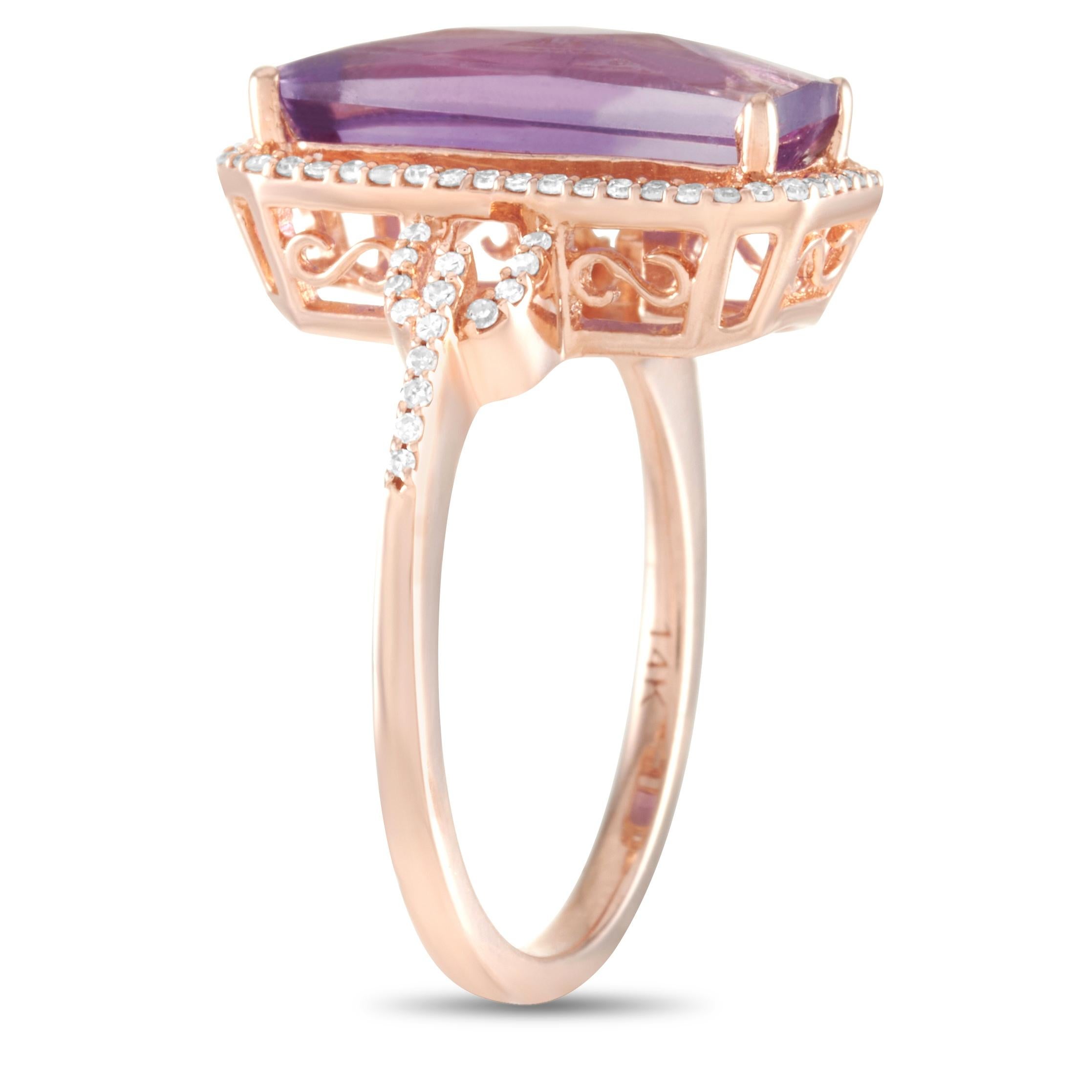 This LB Exclusive ring is made of 14K rose gold and embellished with a rectangular amethyst and a total of 0.23 carats of diamonds. The ring weighs 4.3 grams and boasts band thickness of 2 mm and top height of 6 mm, while top dimensions measure 17