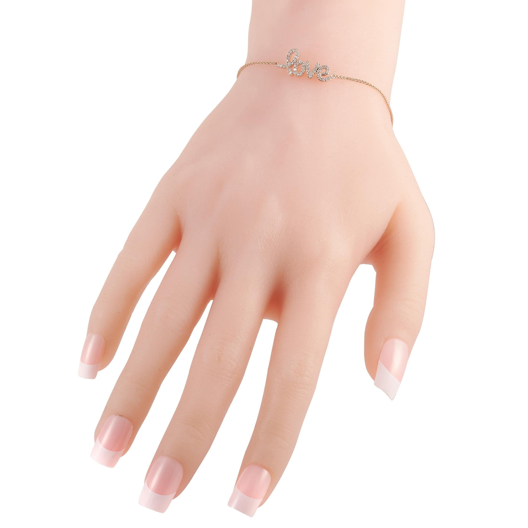 This LB Exclusive love bracelet is made of 14K rose gold and embellished with diamonds that amount to 0.25 carats. The bracelet weighs 4.4 grams and measures 6.50” in length, which is adjustable.
 
 Offered in brand new condition, this jewelry