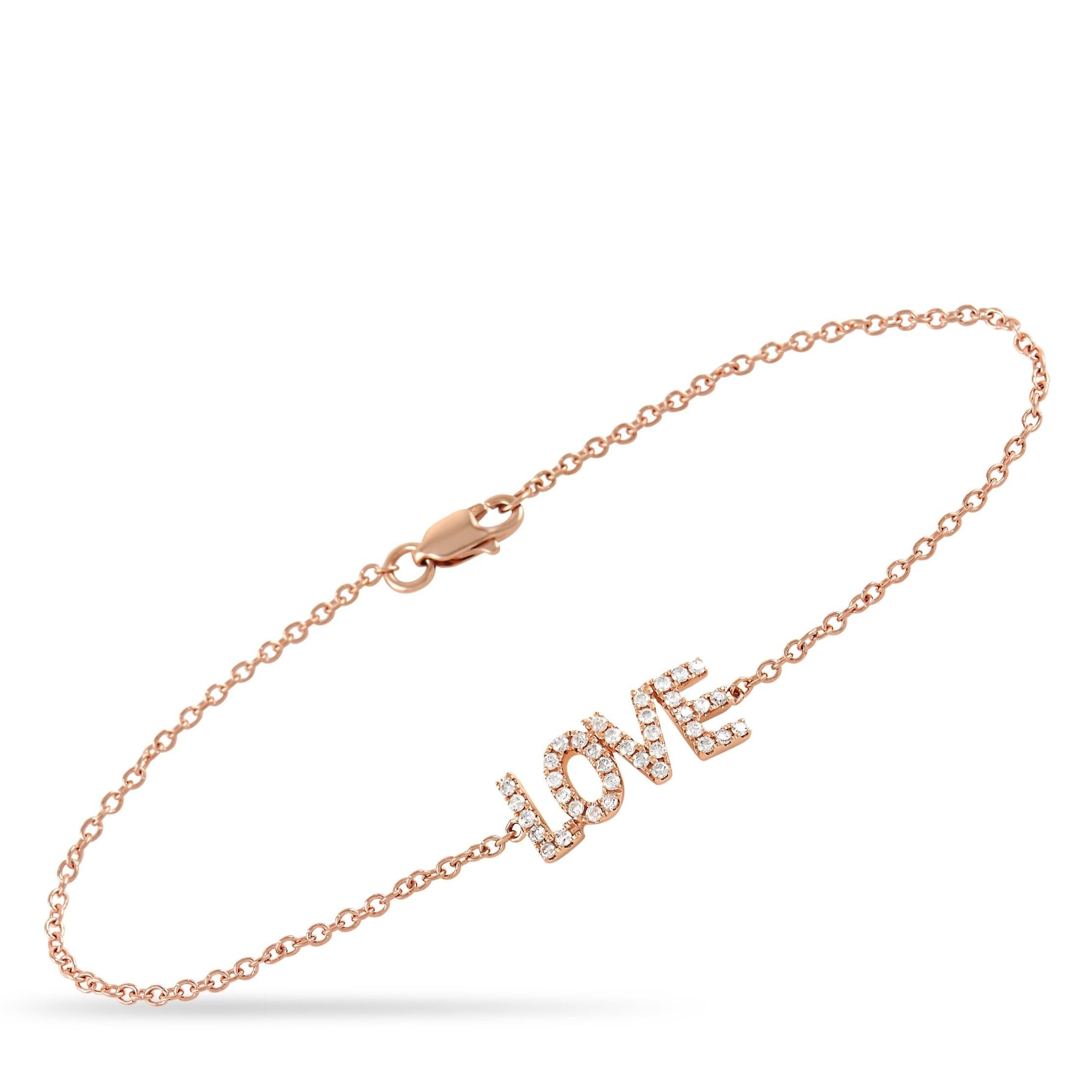 This romantic piece of jewelry is the perfect gift for your beloved. Set within stylish 14K Rose Gold, you’ll find a “LOVE” charm accented by diamonds with a total weight of 0.25 carats. It measures 7” long and includes secure lobster clasp closure.